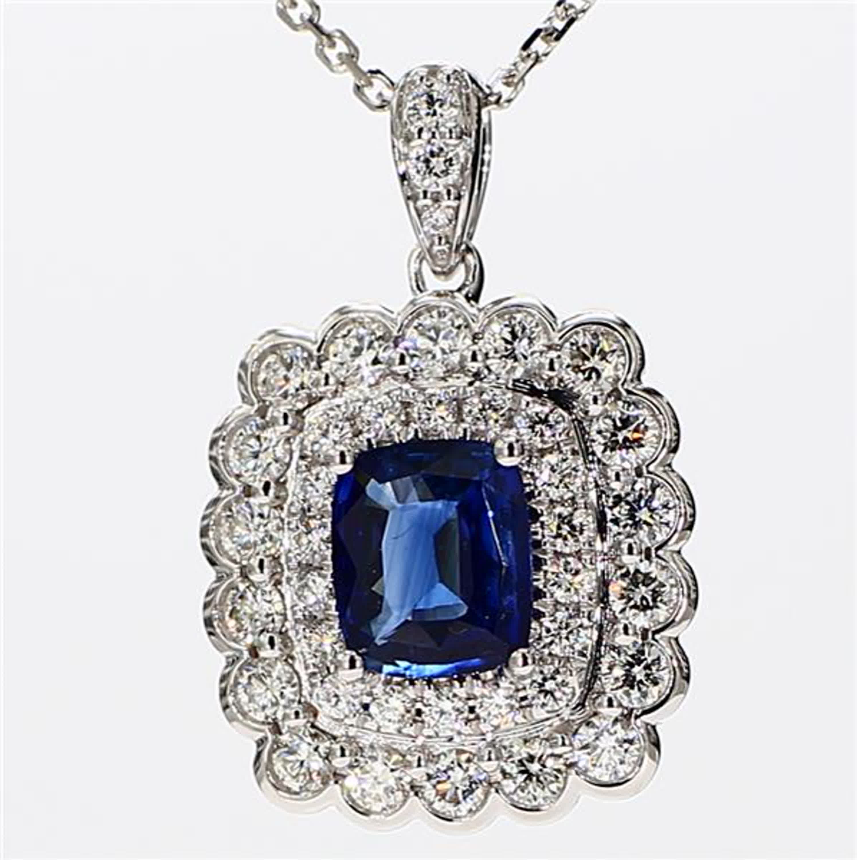 Natural Blue Cushion Sapphire and White Diamond 1.87 Carat TW White Gold Pendant