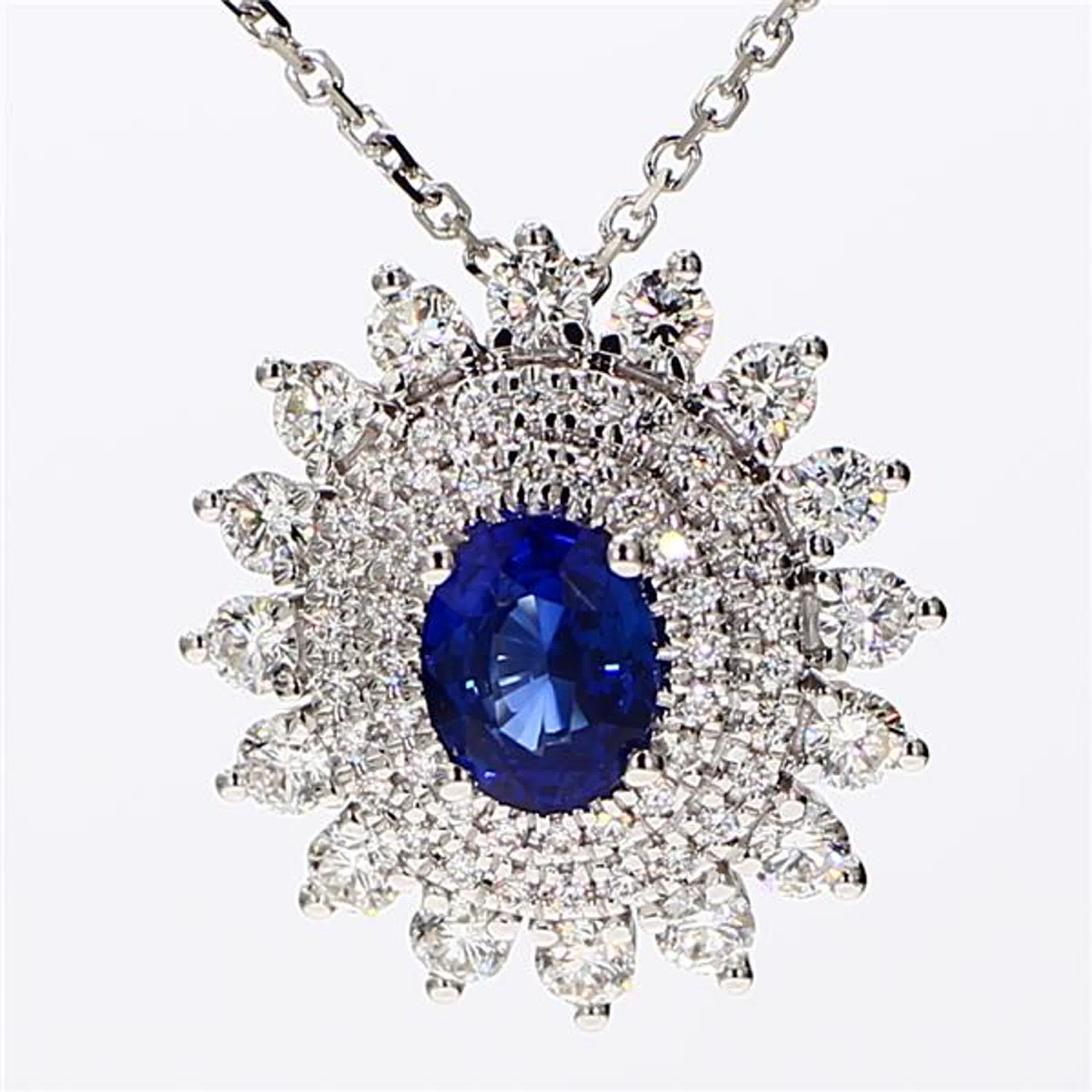 Natural Blue Oval Sapphire and White Diamond 1.96 Carat TW White Gold Pendant