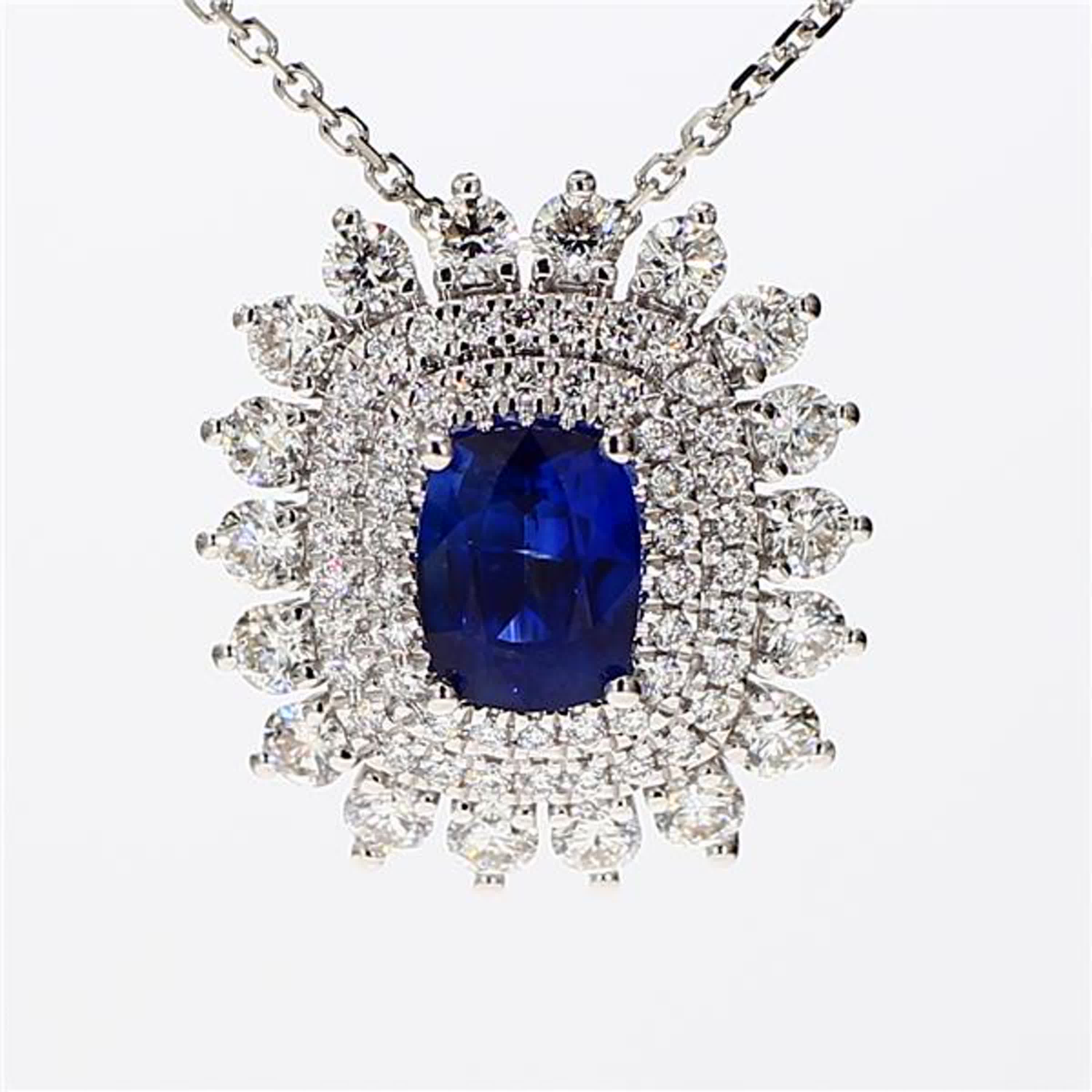 Natural Blue Cushion Sapphire and White Diamond 2.97 Carat TW White Gold Pendant