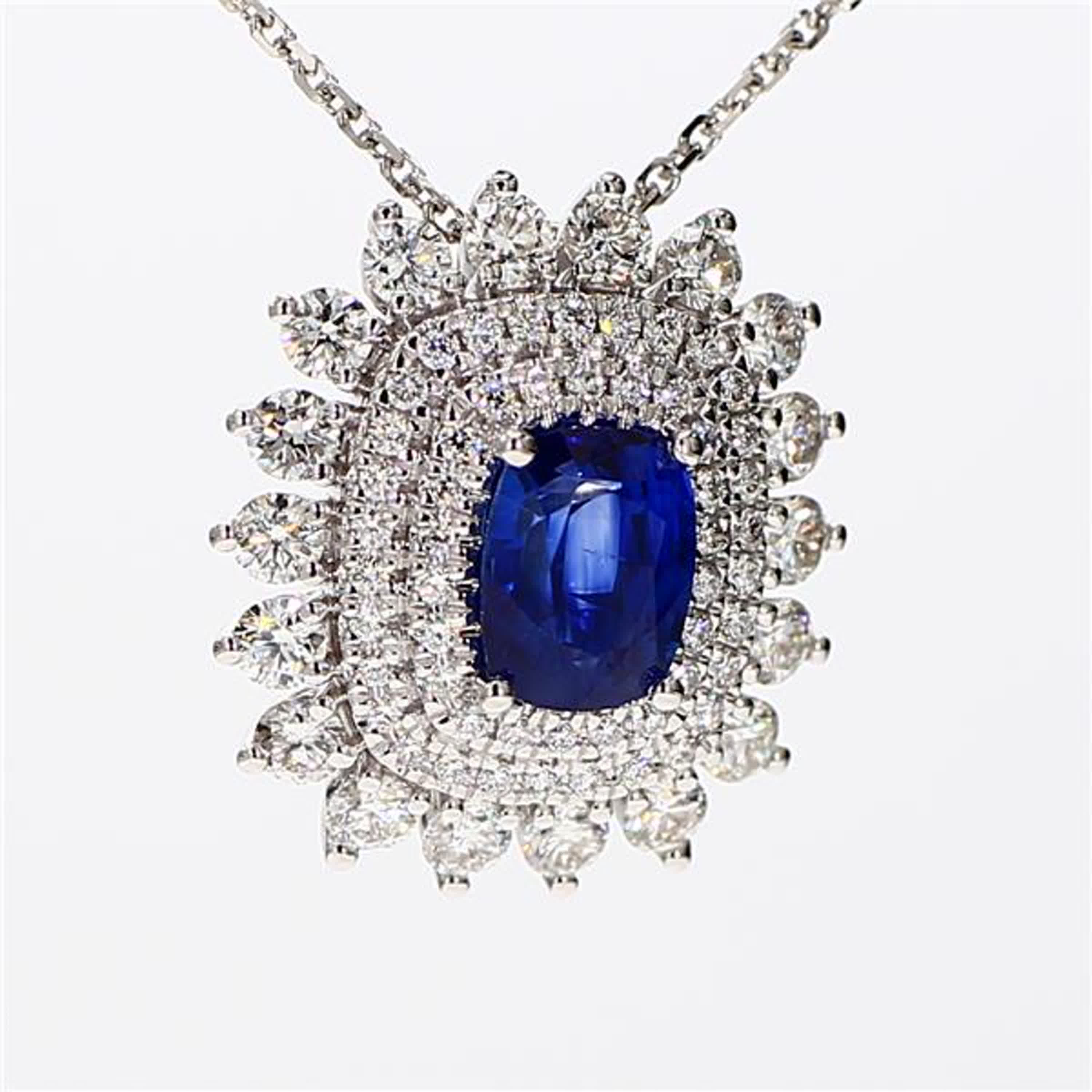 Natural Blue Cushion Sapphire and White Diamond 2.97 Carat TW White Gold Pendant