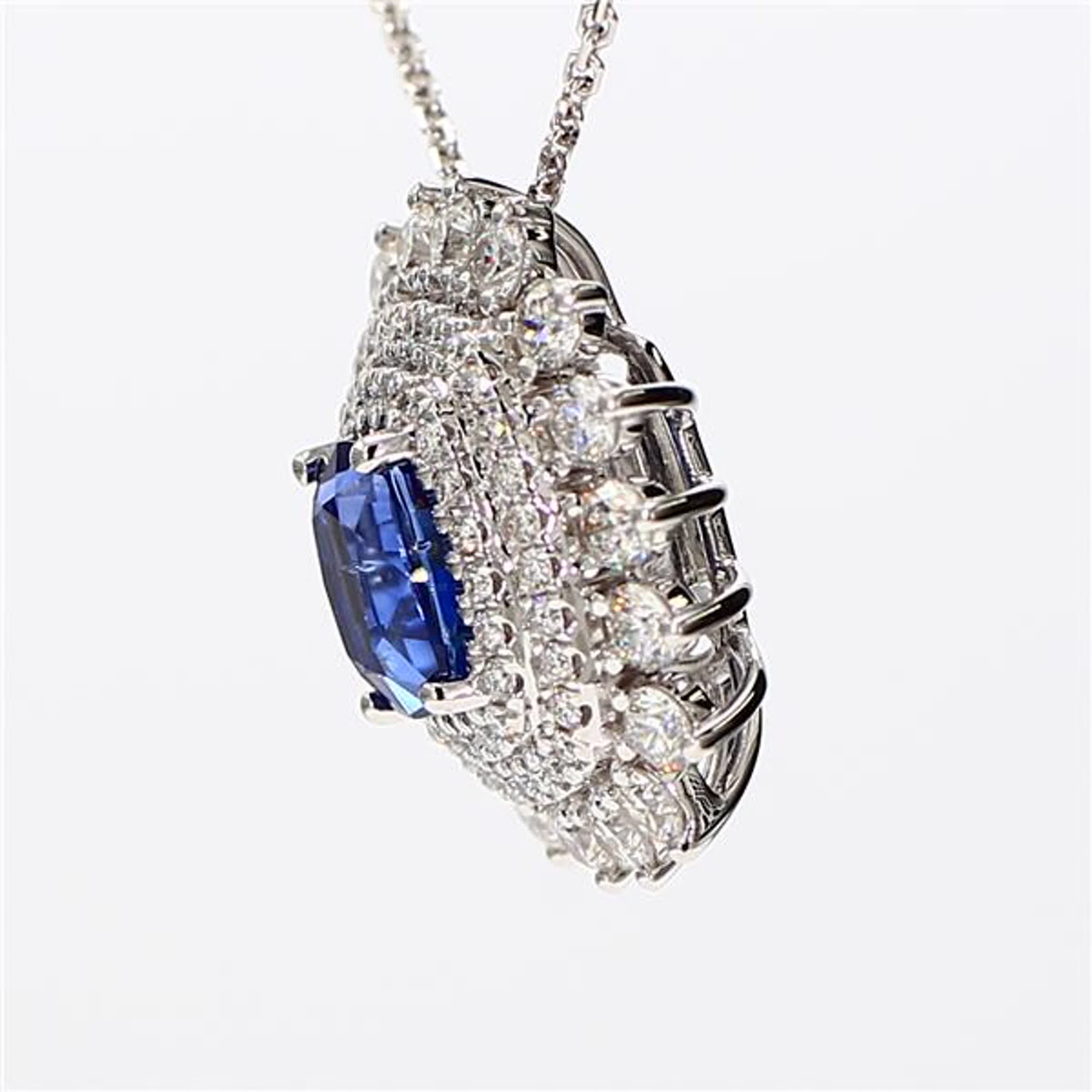 Natural Blue Cushion Sapphire and White Diamond 2.97 Carat TW White Gold Pendant