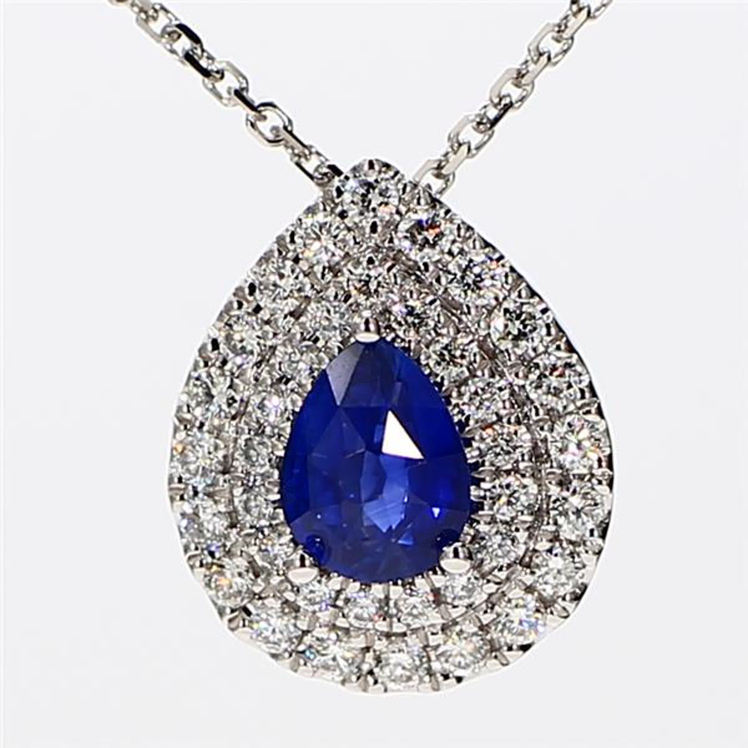 Natural Blue Pear Sapphire and White Diamond 1.40 Carat TW White Gold Pendant