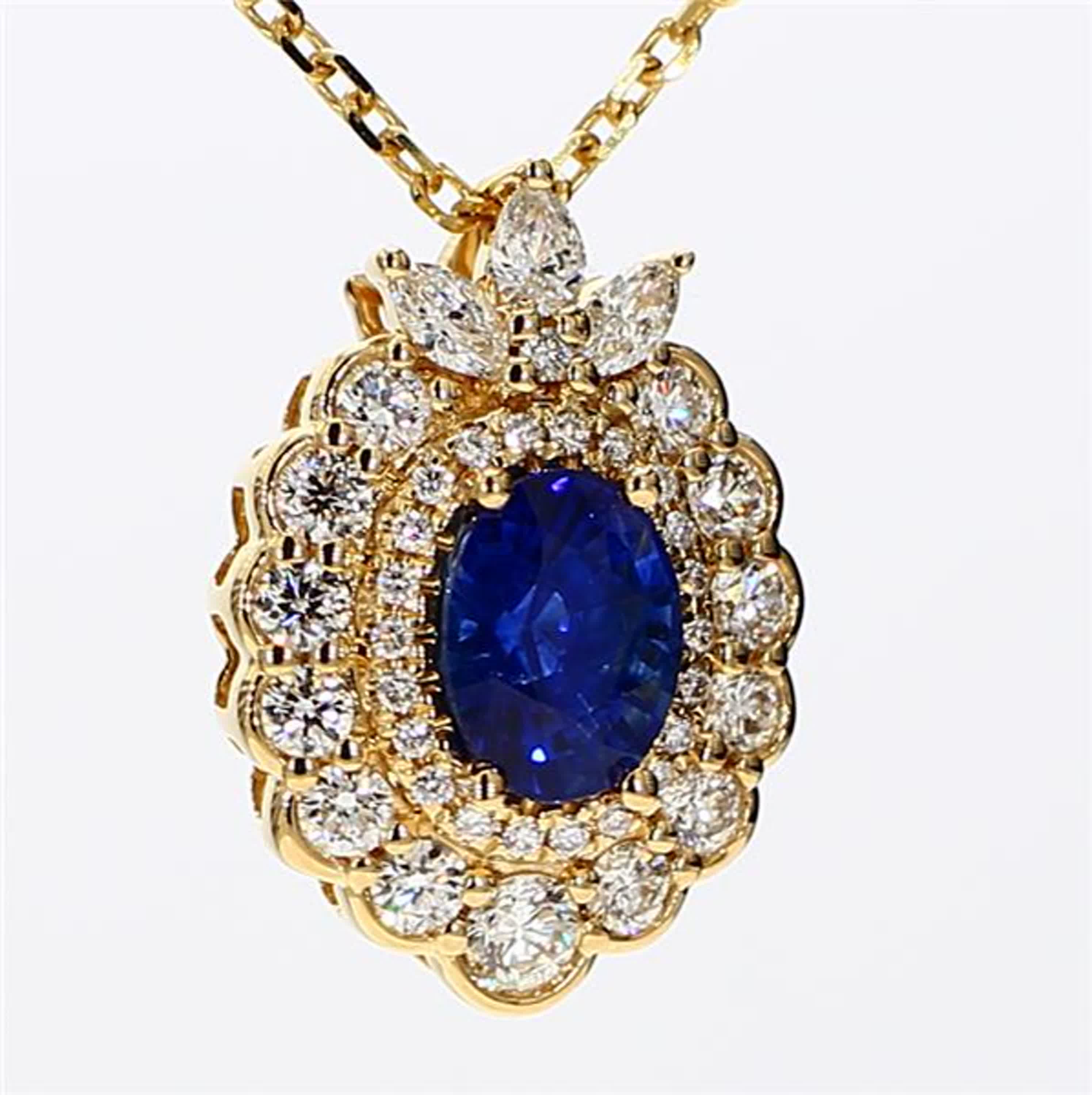 Natural Blue Oval Sapphire and White Diamond 2.09 Carat TW Yellow Gold Pendant