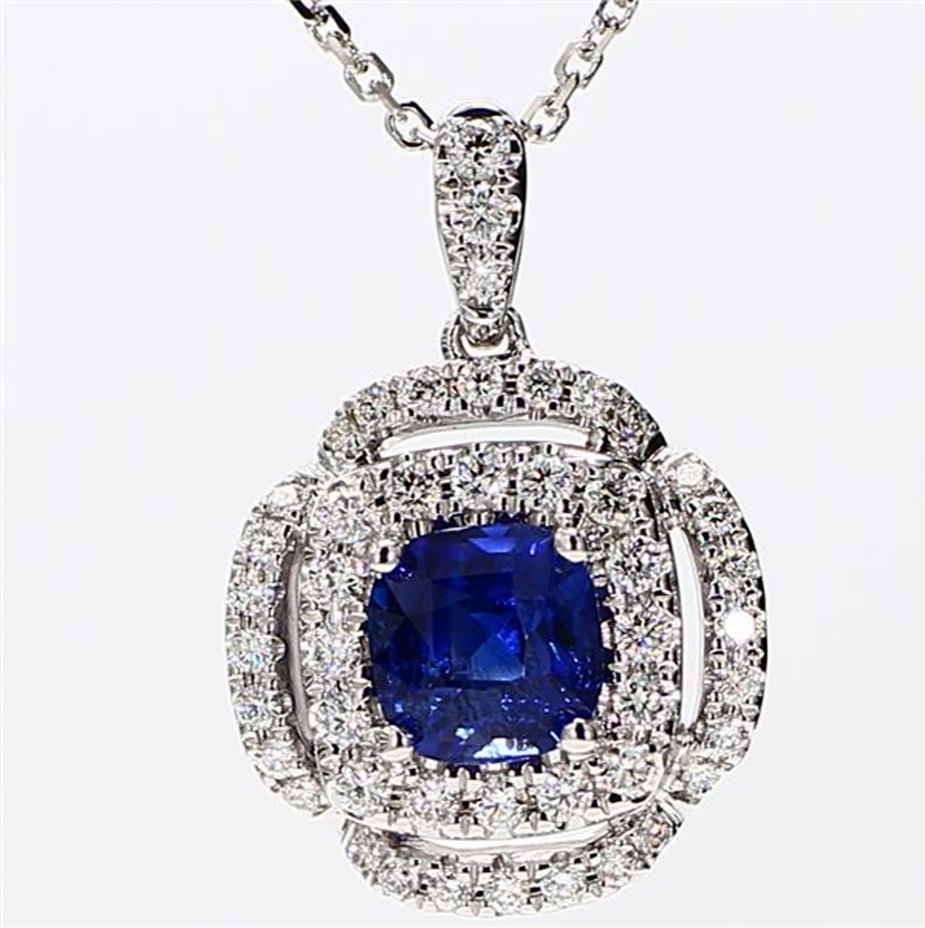 Natural Blue Cushion Sapphire and White Diamond 1.96 Carat TW White Gold Pendant