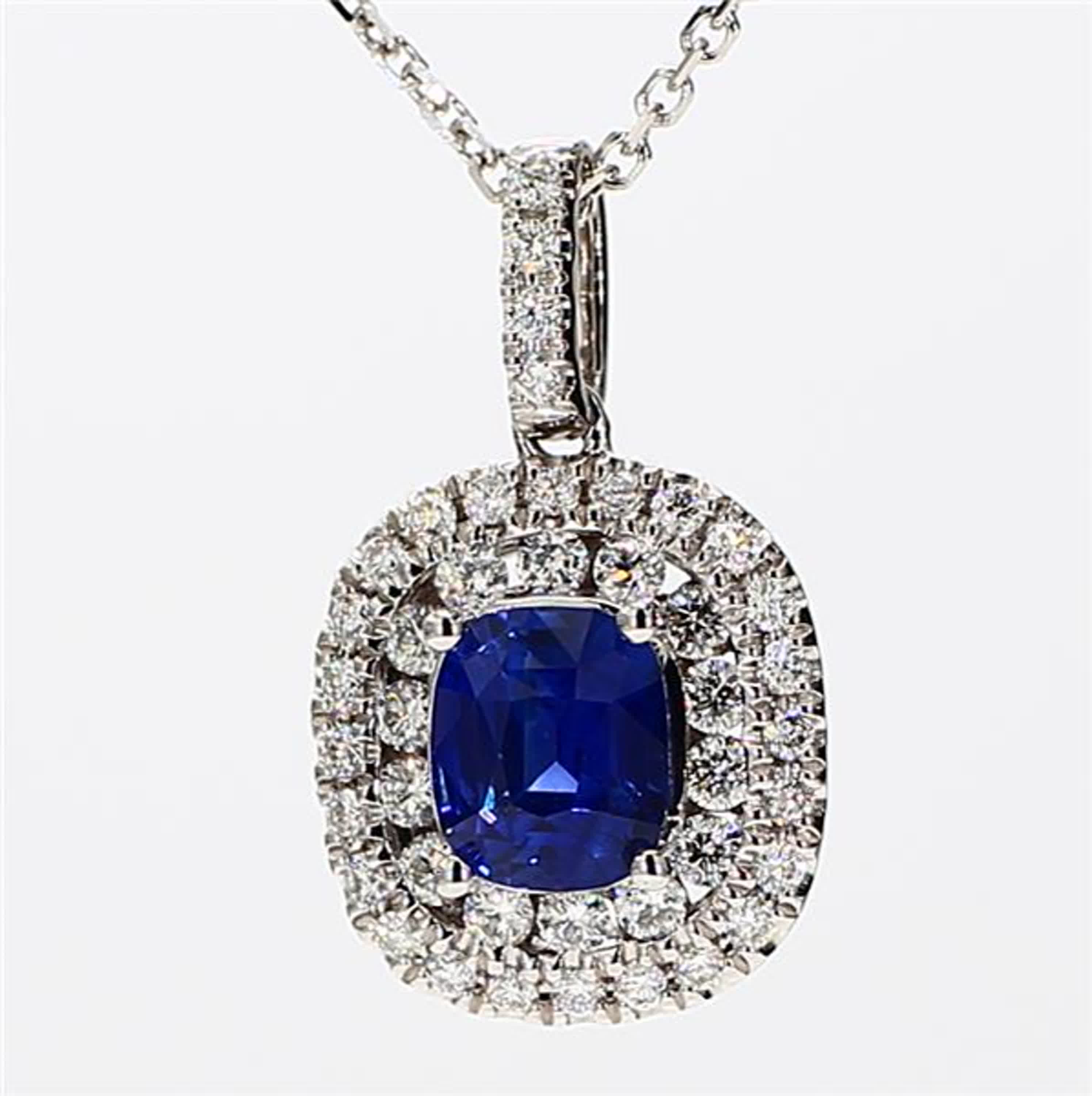 Natural Blue Cushion Sapphire and White Diamond 1.53 Carat TW White Gold Pendant