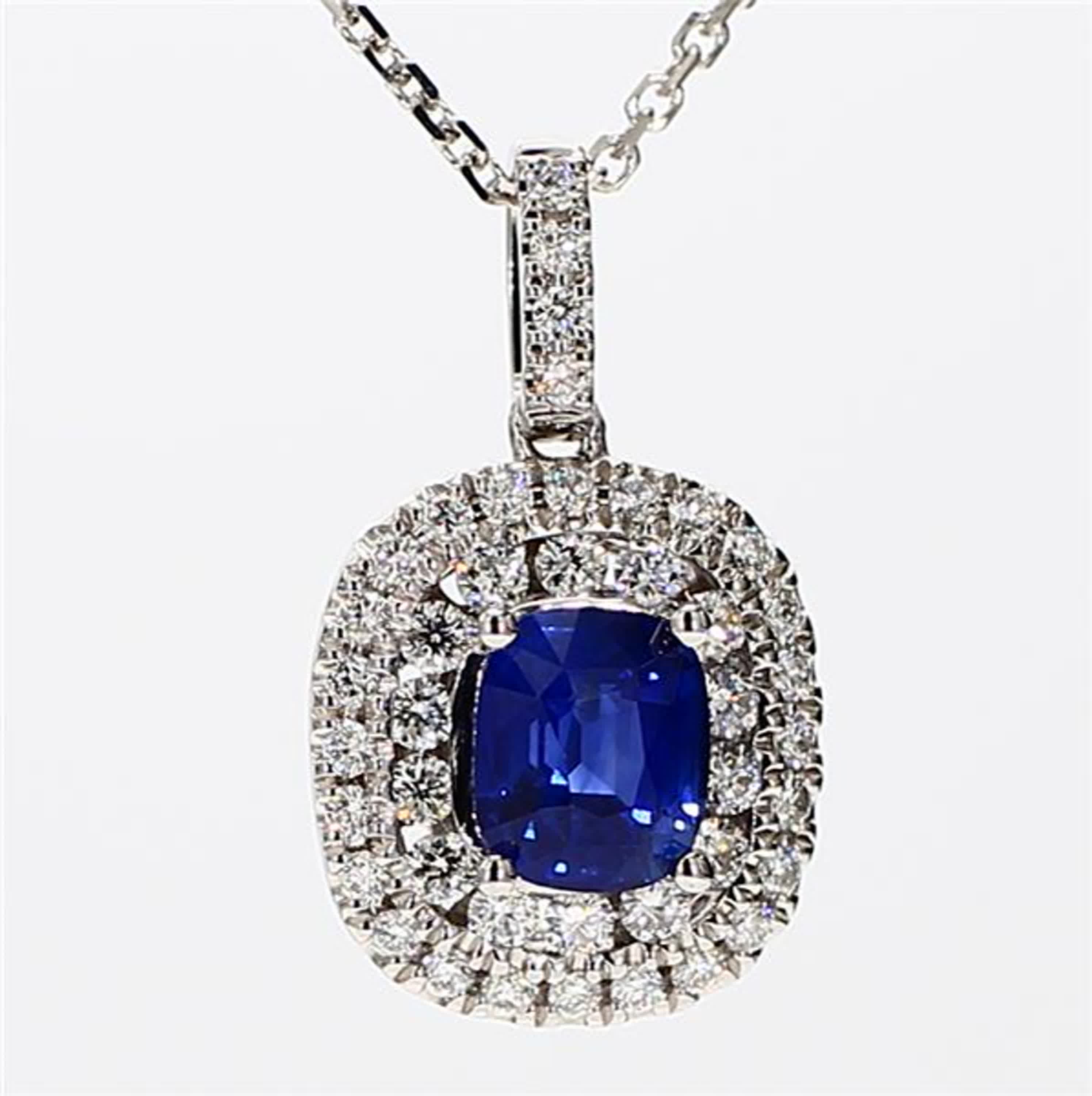 Natural Blue Cushion Sapphire and White Diamond 1.53 Carat TW White Gold Pendant