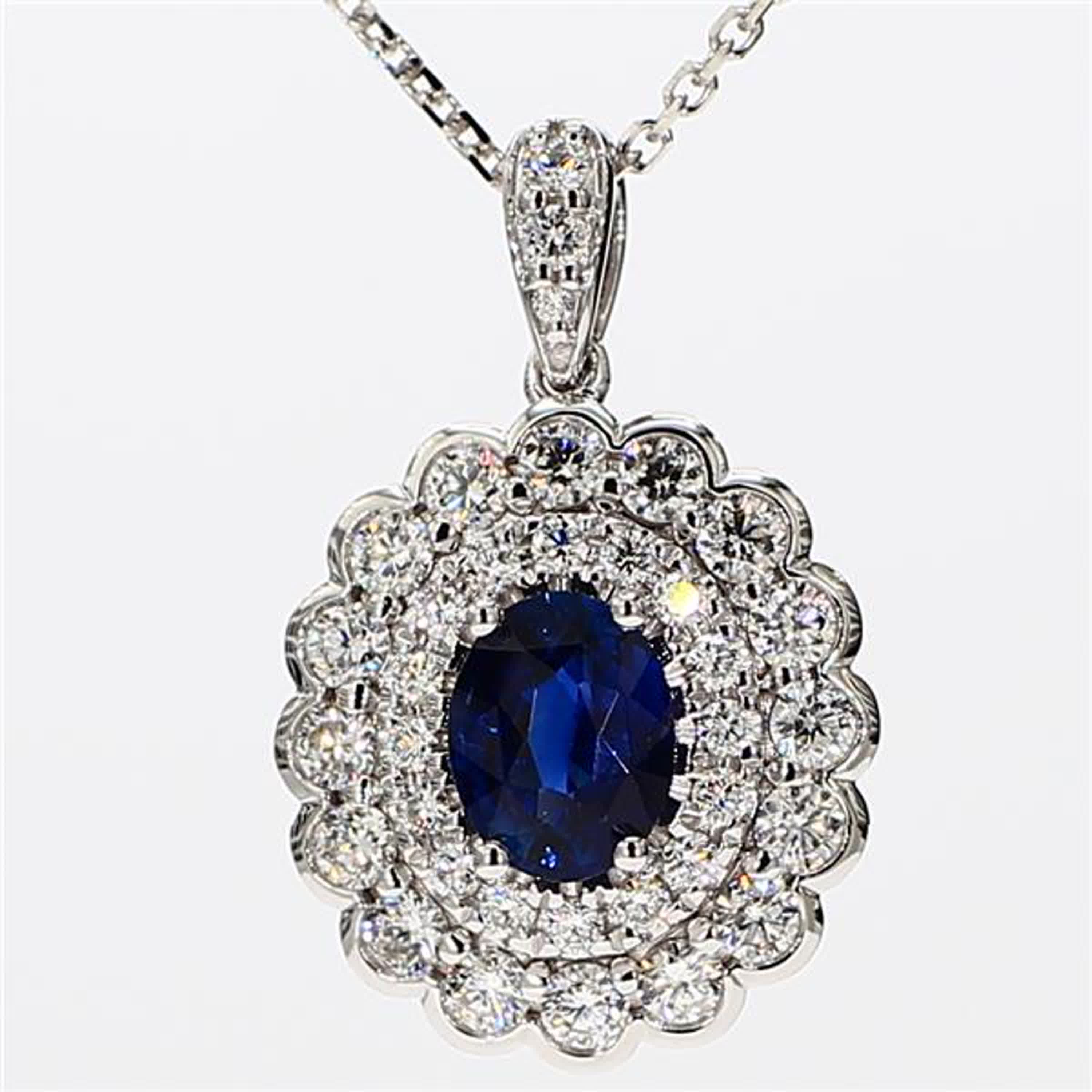 Natural Blue Oval Sapphire and White Diamond 1.66 Carat TW White Gold Pendant