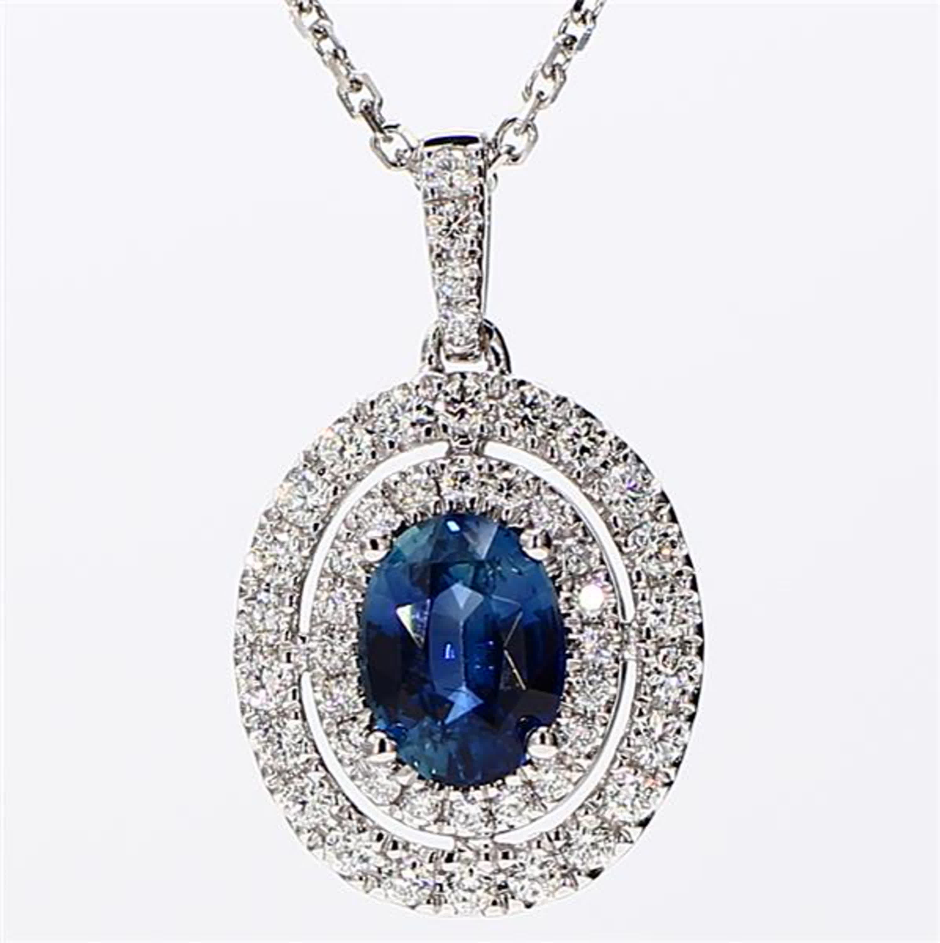 Natural Blue Oval Sapphire and White Diamond 1.58 Carat TW White Gold Pendant