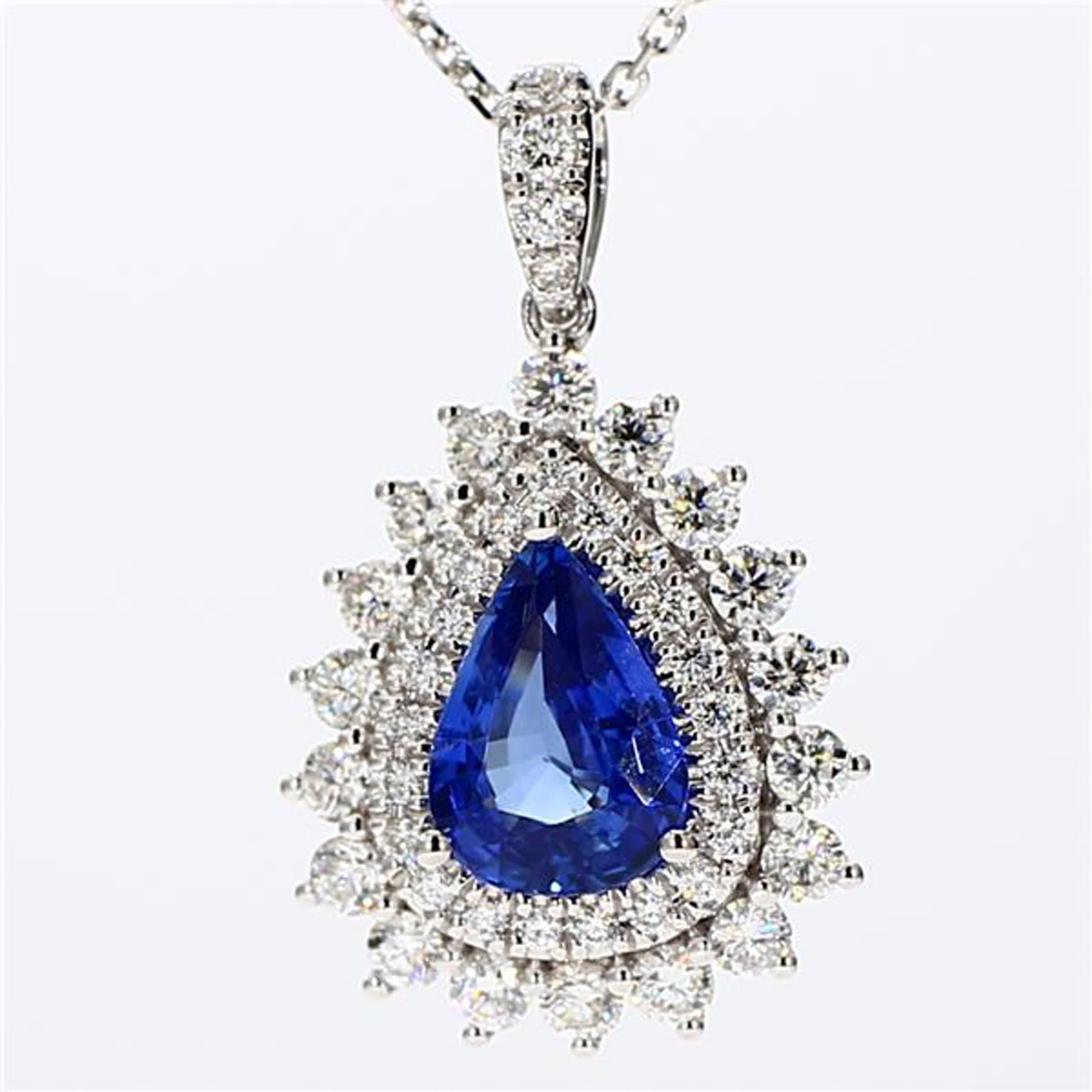 Natural Blue Pear Sapphire and White Diamond 1.79 Carat TW White Gold Pendant