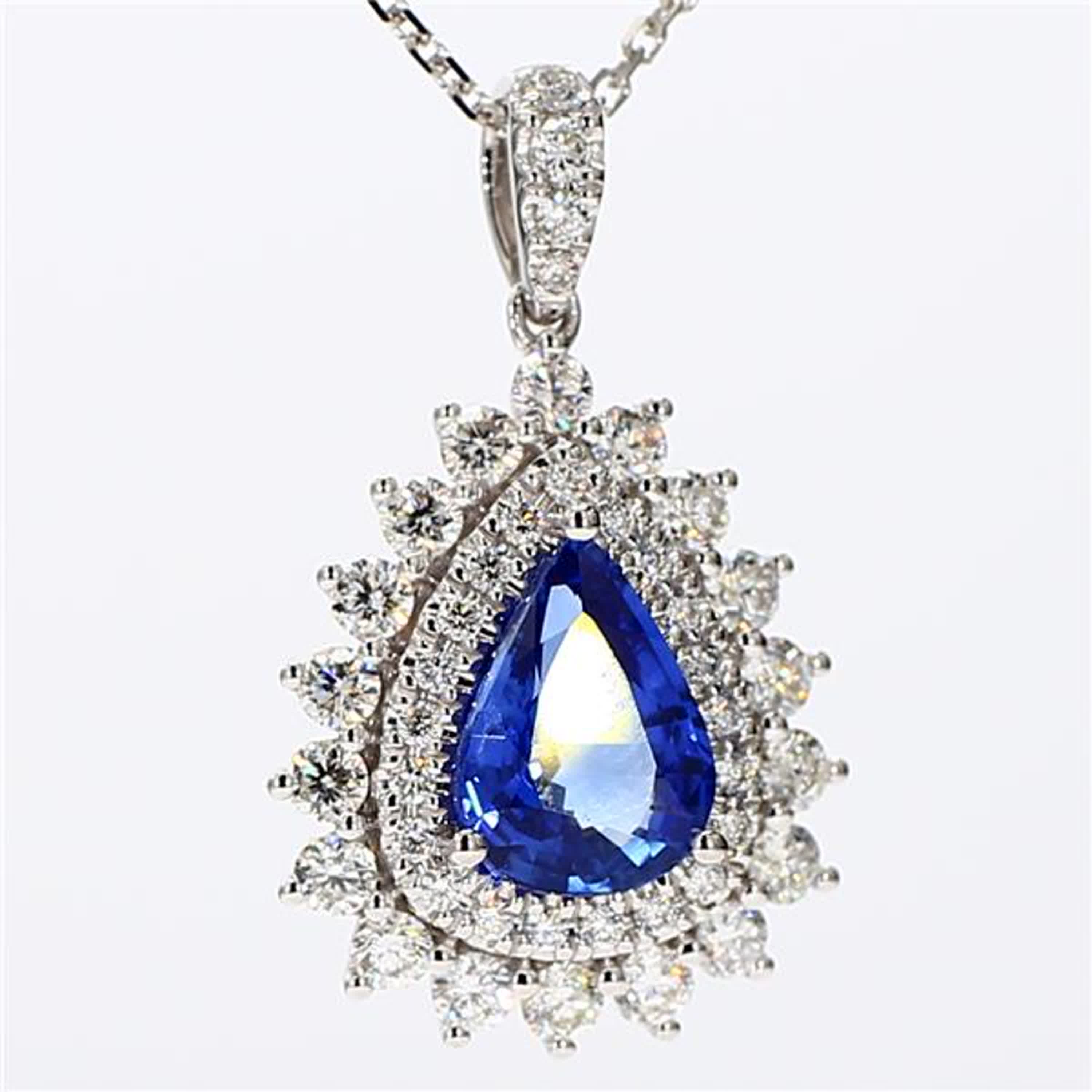 Natural Blue Pear Sapphire and White Diamond 1.79 Carat TW White Gold Pendant
