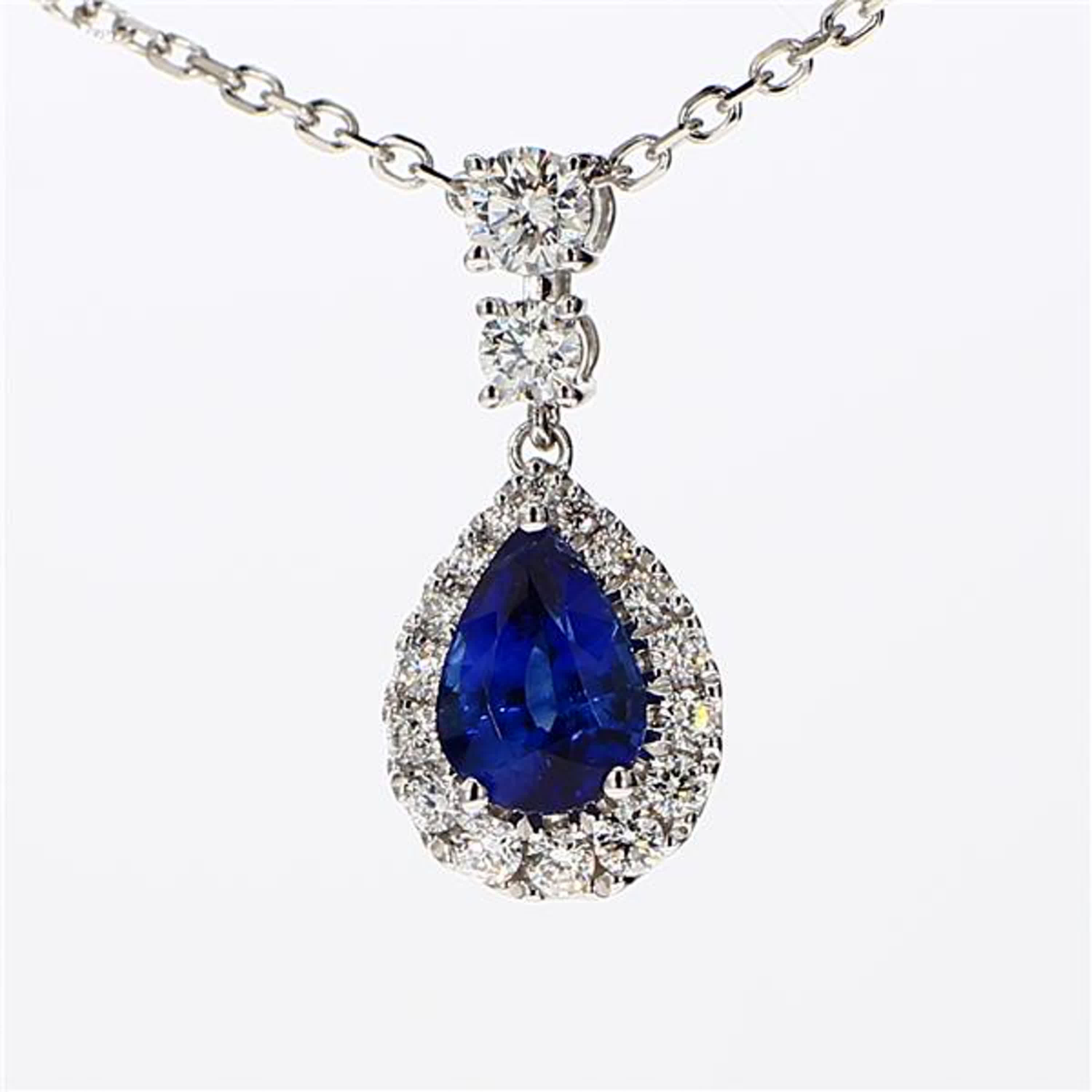 Natural Blue Pear Sapphire and White Diamond 1.92 Carat TW White Gold Pendant