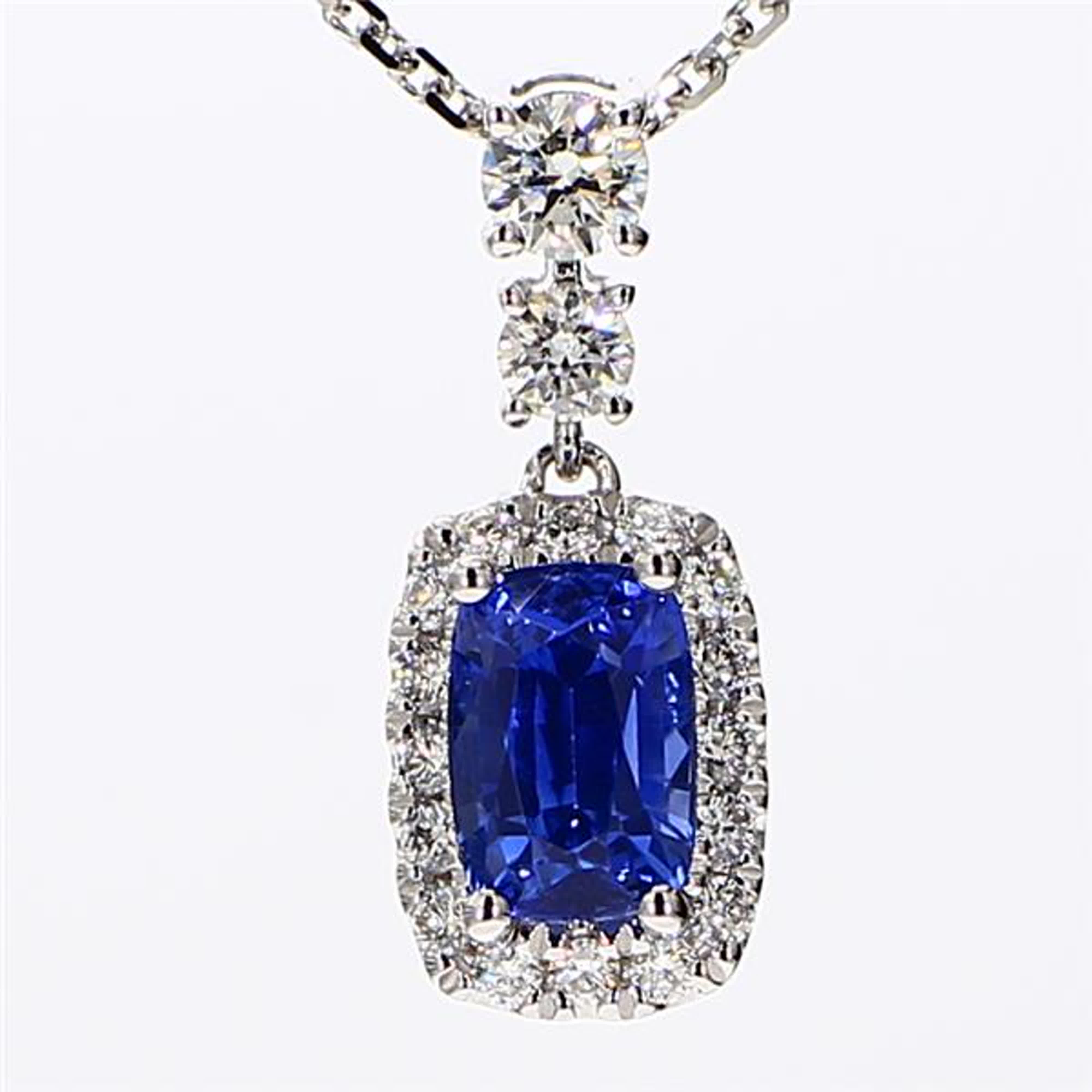 Natural Blue Cushion Sapphire and White Diamond 1.51 Carat TW White Gold Pendant