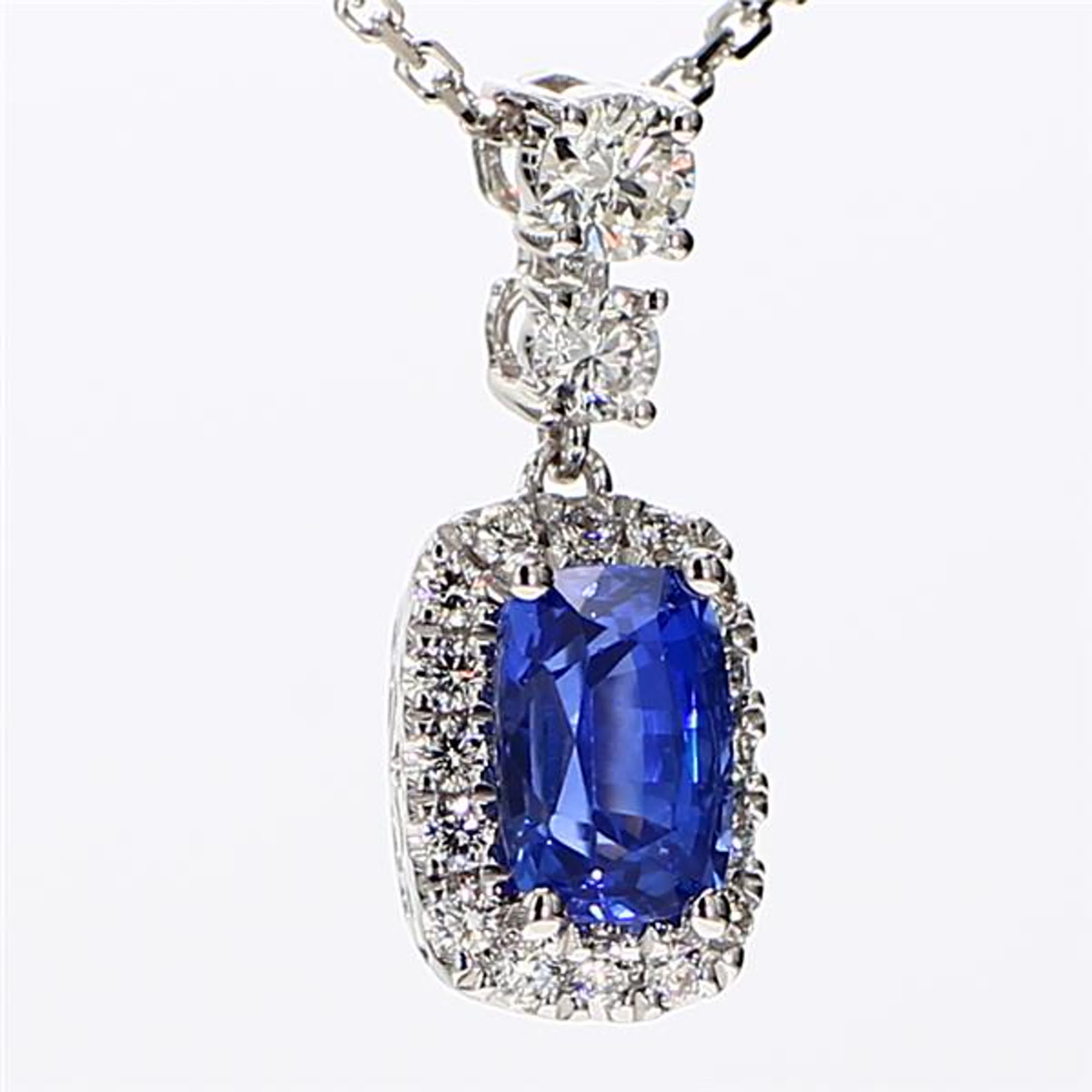 Natural Blue Cushion Sapphire and White Diamond 1.51 Carat TW White Gold Pendant