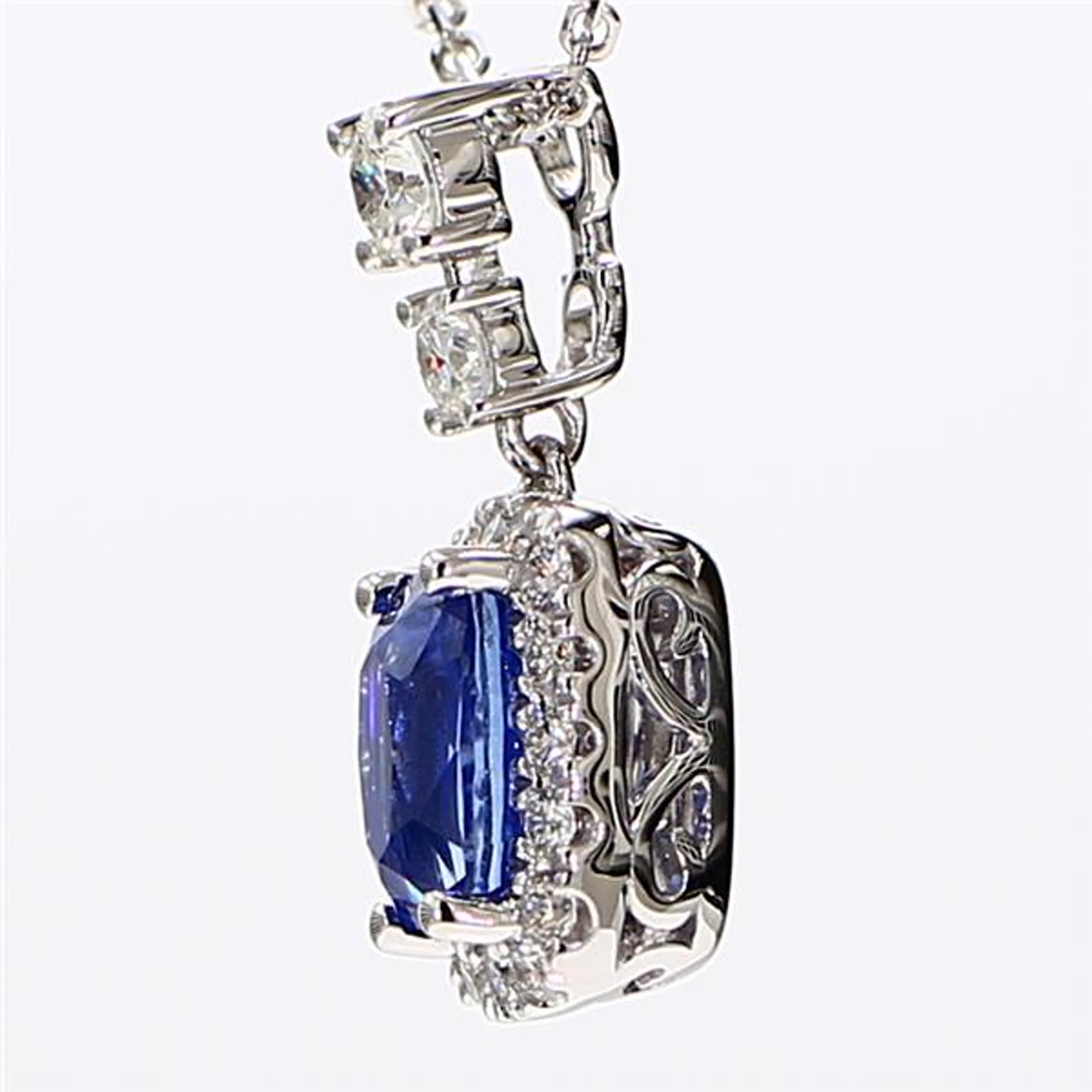 Natural Blue Cushion Sapphire and White Diamond 1.51 Carat TW White Gold Pendant