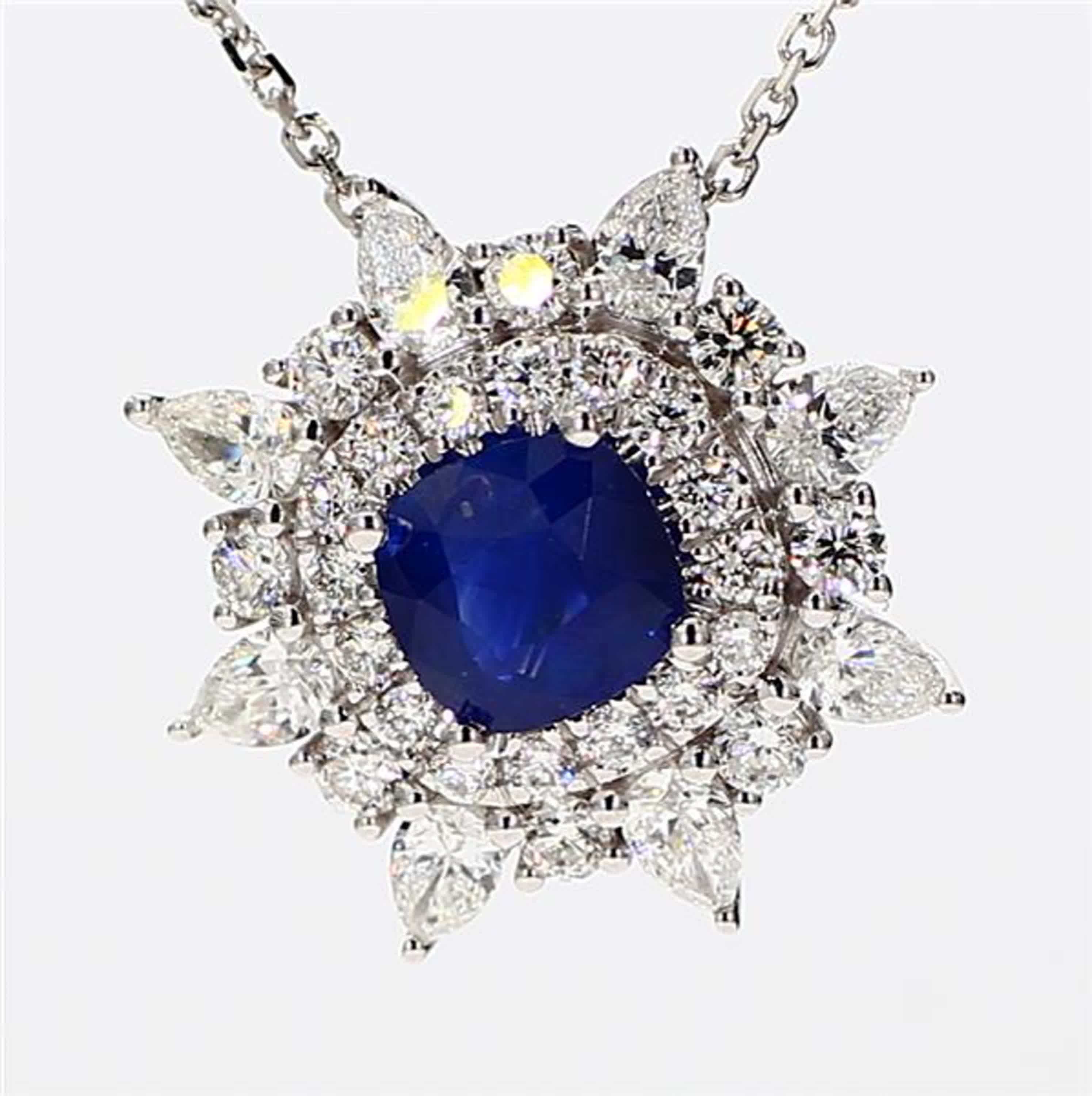 Natural Blue Cushion Sapphire and White Diamond 2.39 Carat TW White Gold Pendant