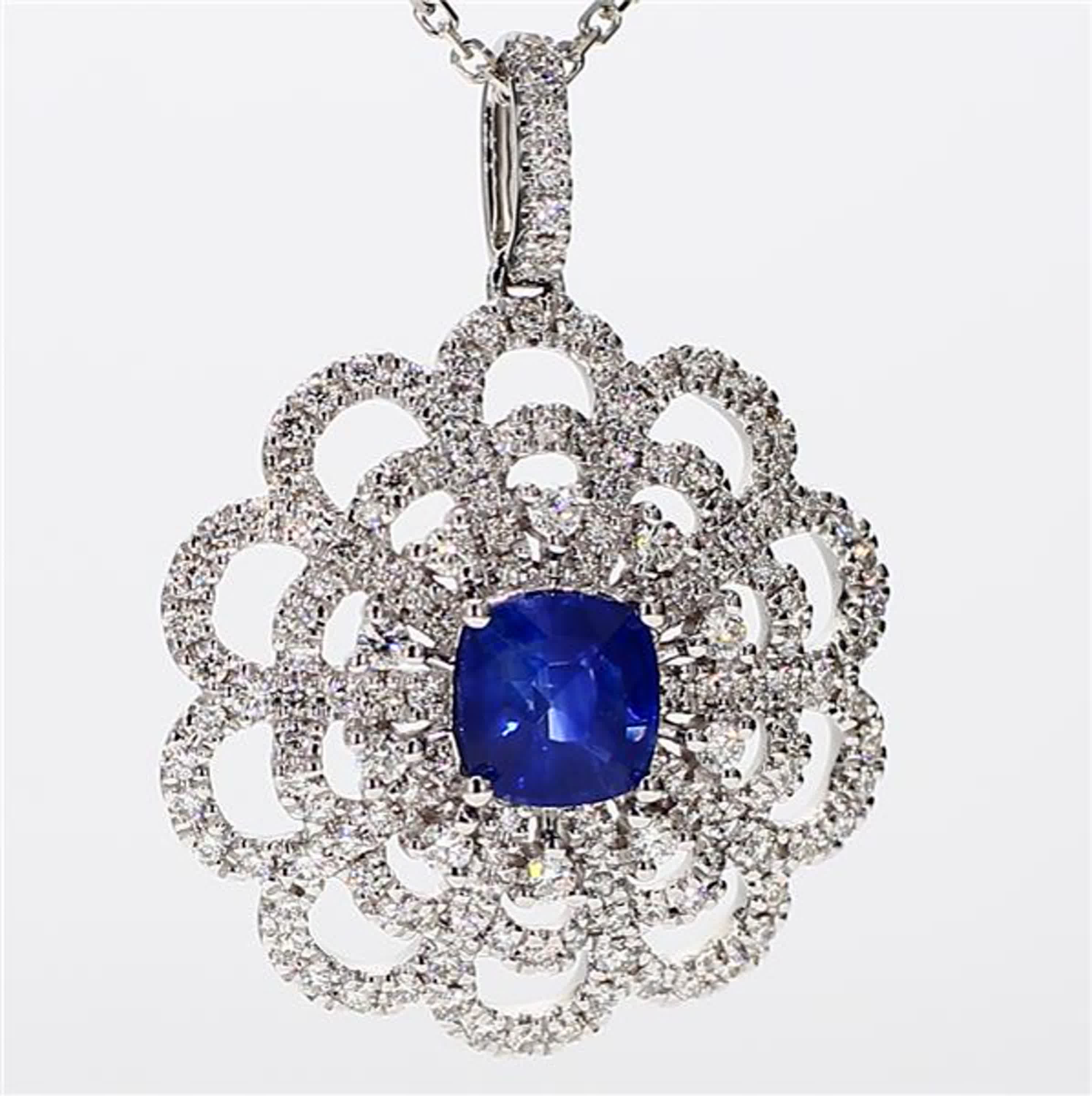 Natural Blue Cushion Sapphire and White Diamond 1.84 Carat TW White Gold Pendant