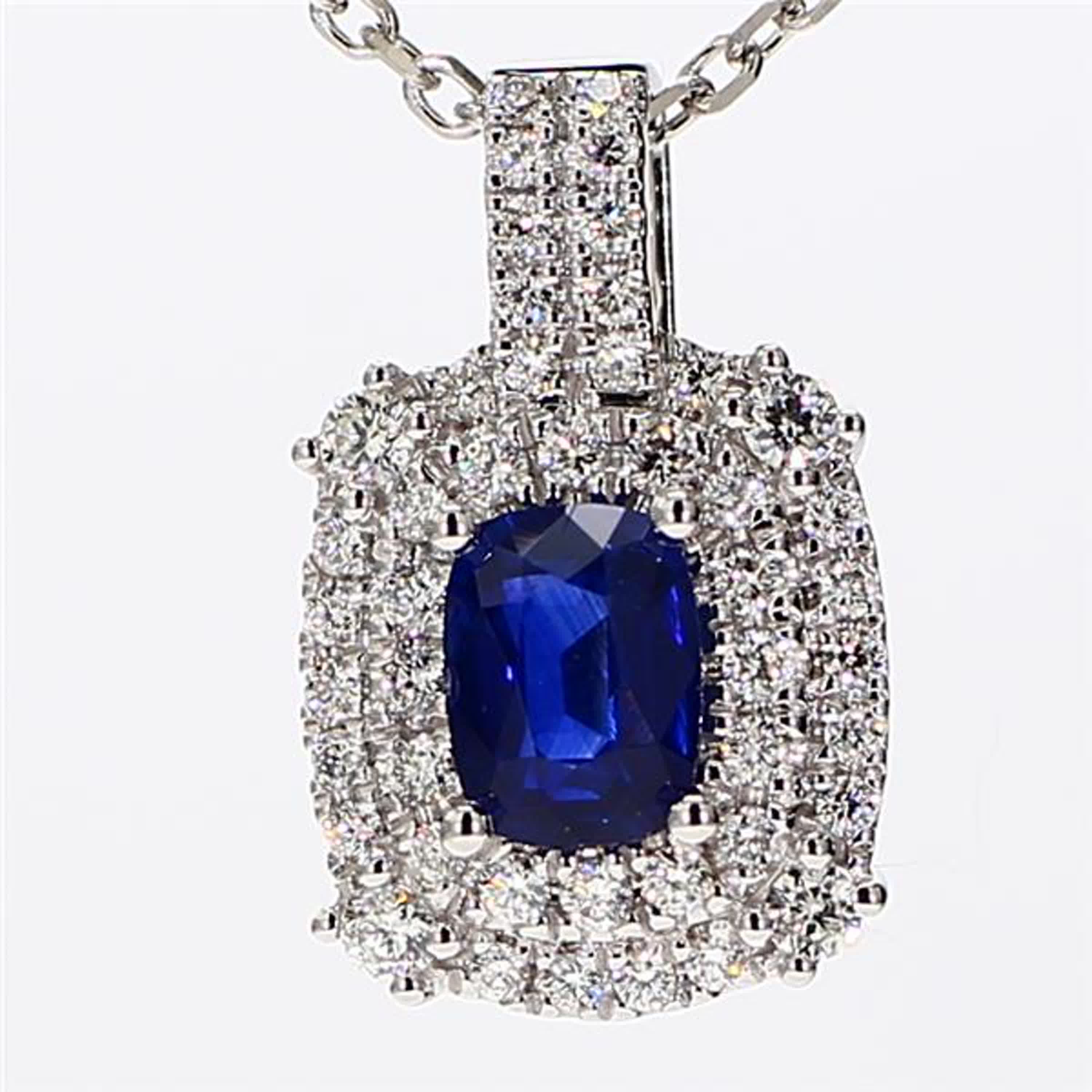 Natural Blue Cushion Sapphire and White Diamond 1.43 Carat TW White Gold Pendant