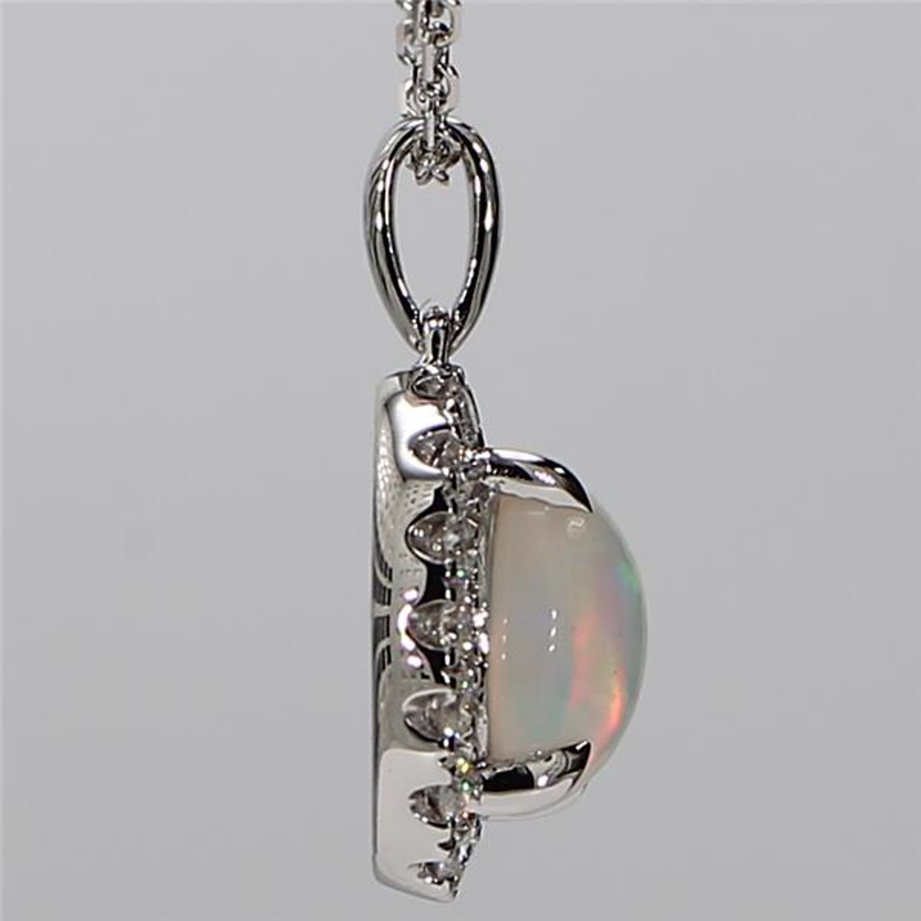 Natural Oval Opal and White Diamond 1.08 Carat TW White Gold Drop Pendant