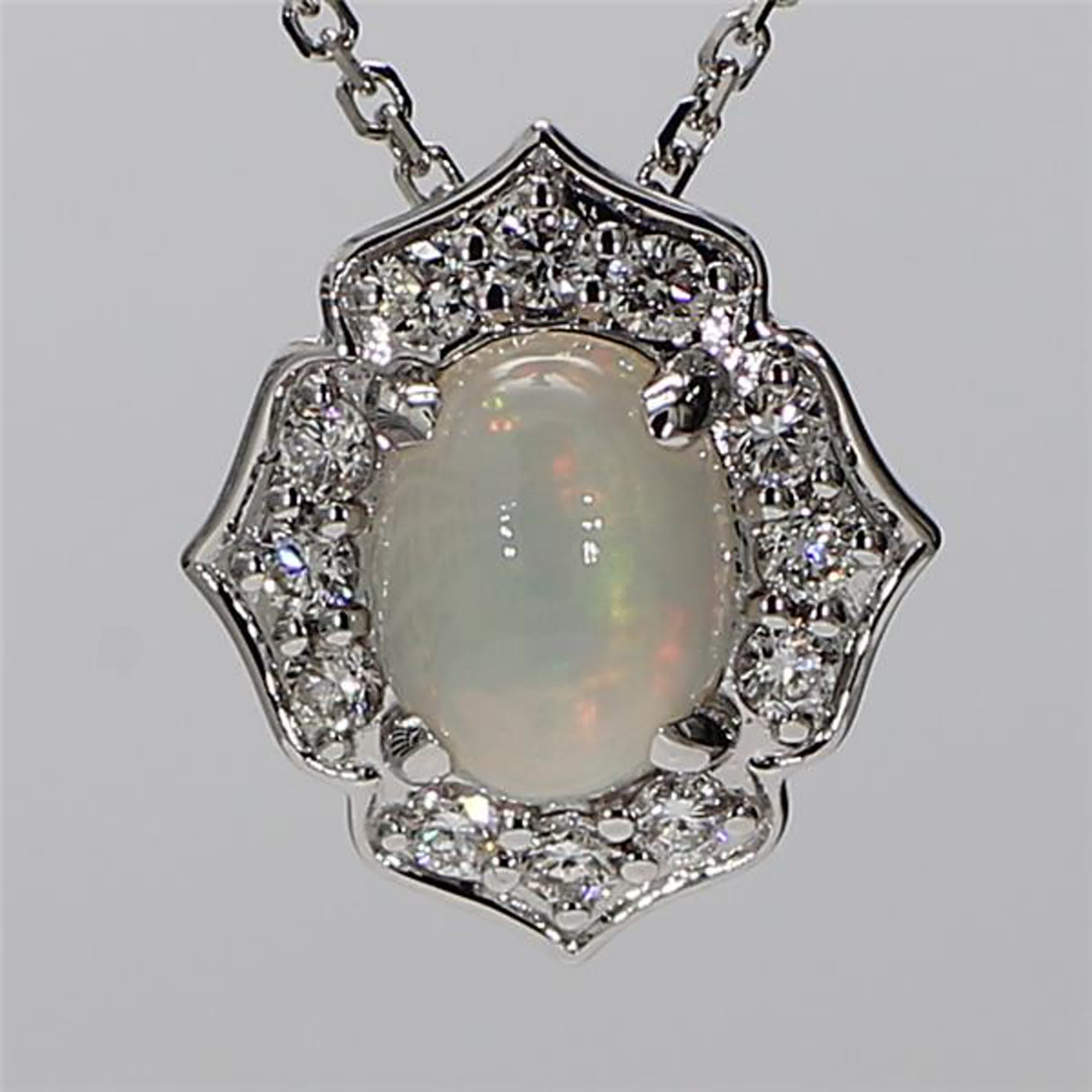 Natural Oval Opal and White Diamond 1.14 Carat TW White Gold Drop Pendant