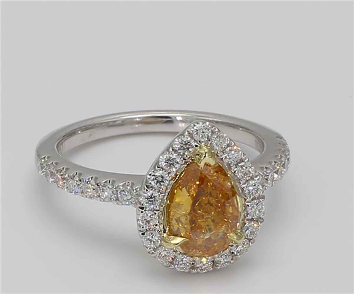GIA Certified Natural Orange Pear and White Diamond 1.44 Carat TW Gold Ring