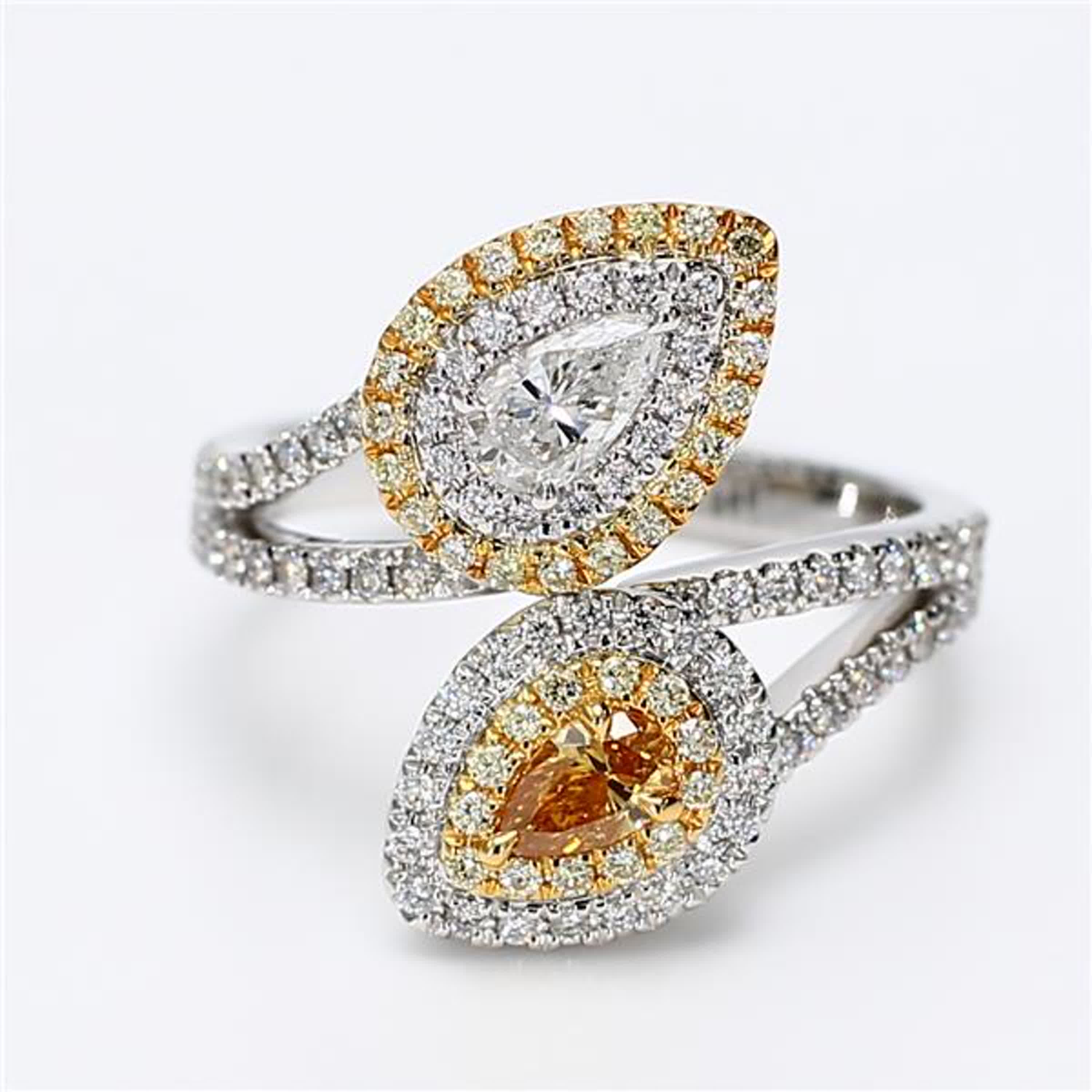 GIA Certified Natural Orange Pear and White Diamond .97 Carat TW Gold Ring