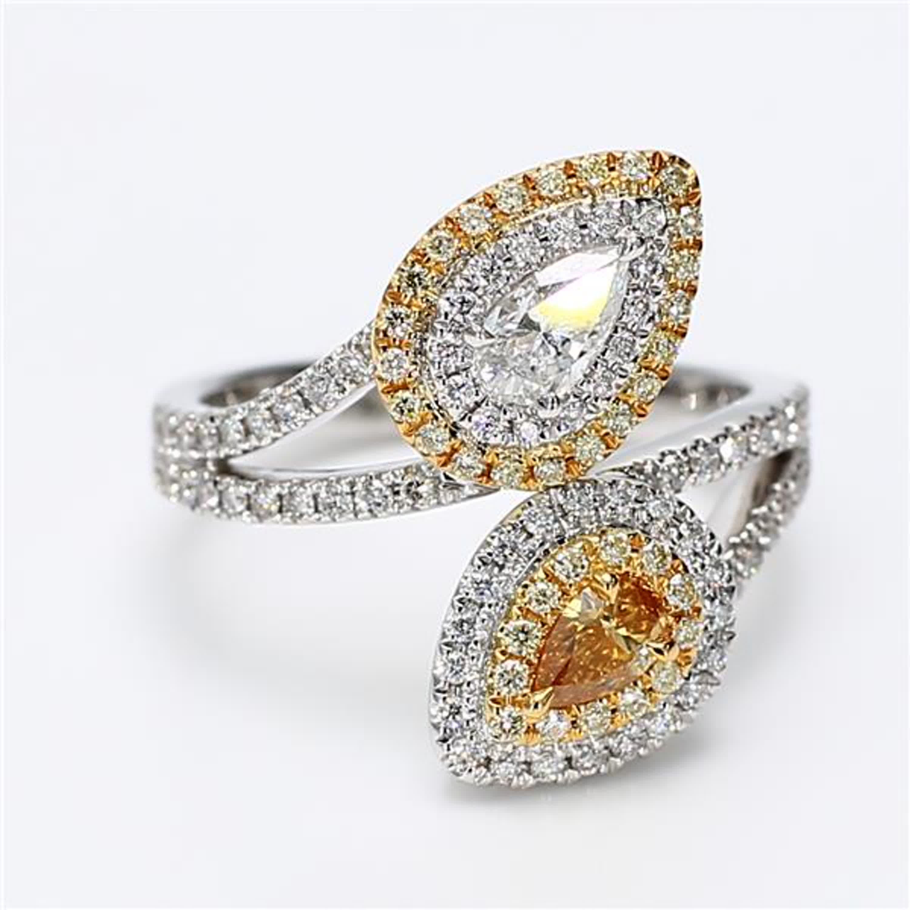 GIA Certified Natural Orange Pear and White Diamond .97 Carat TW Gold Ring