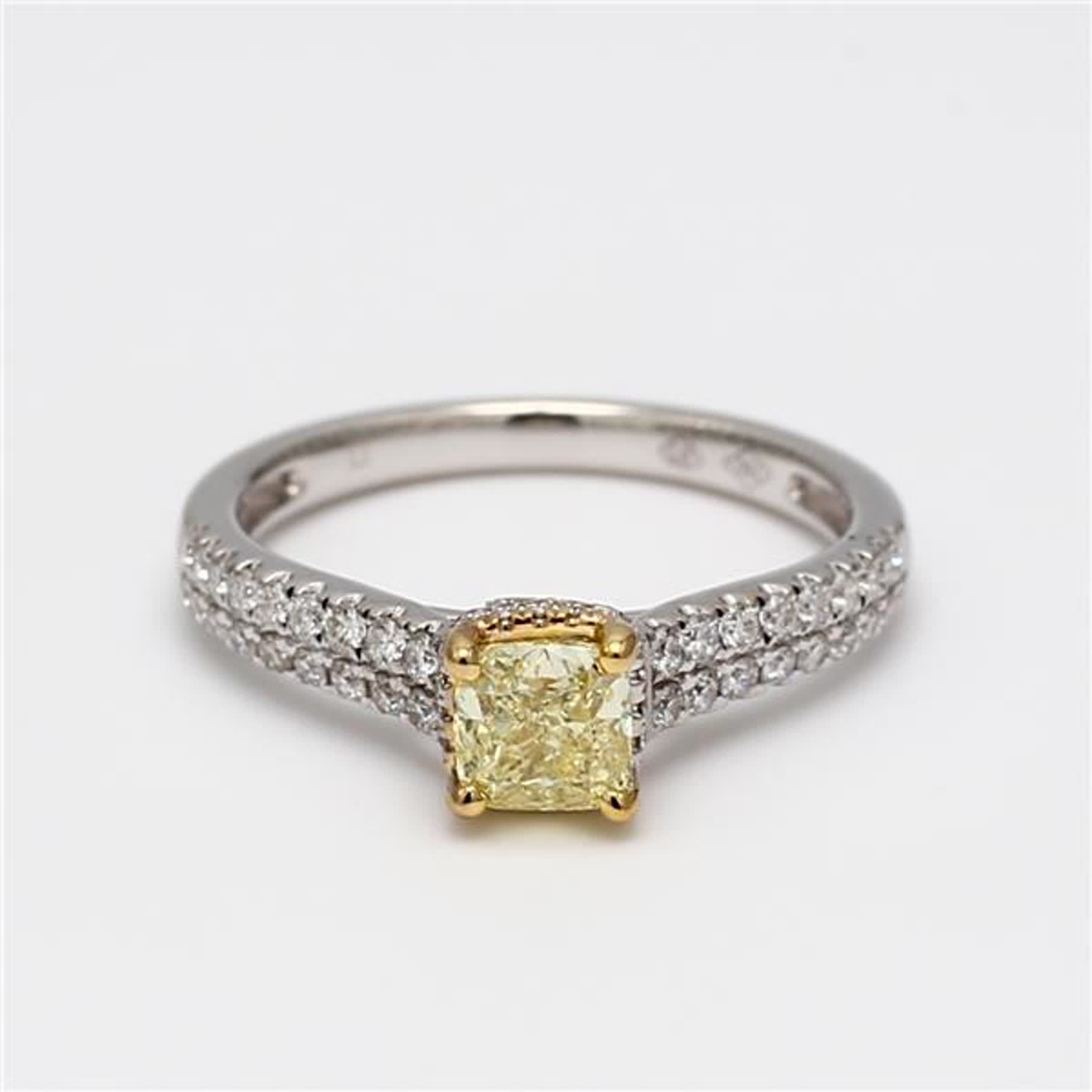 GIA Certified Natural Yellow Cushion and White Diamond .98 Carat TW Gold Ring