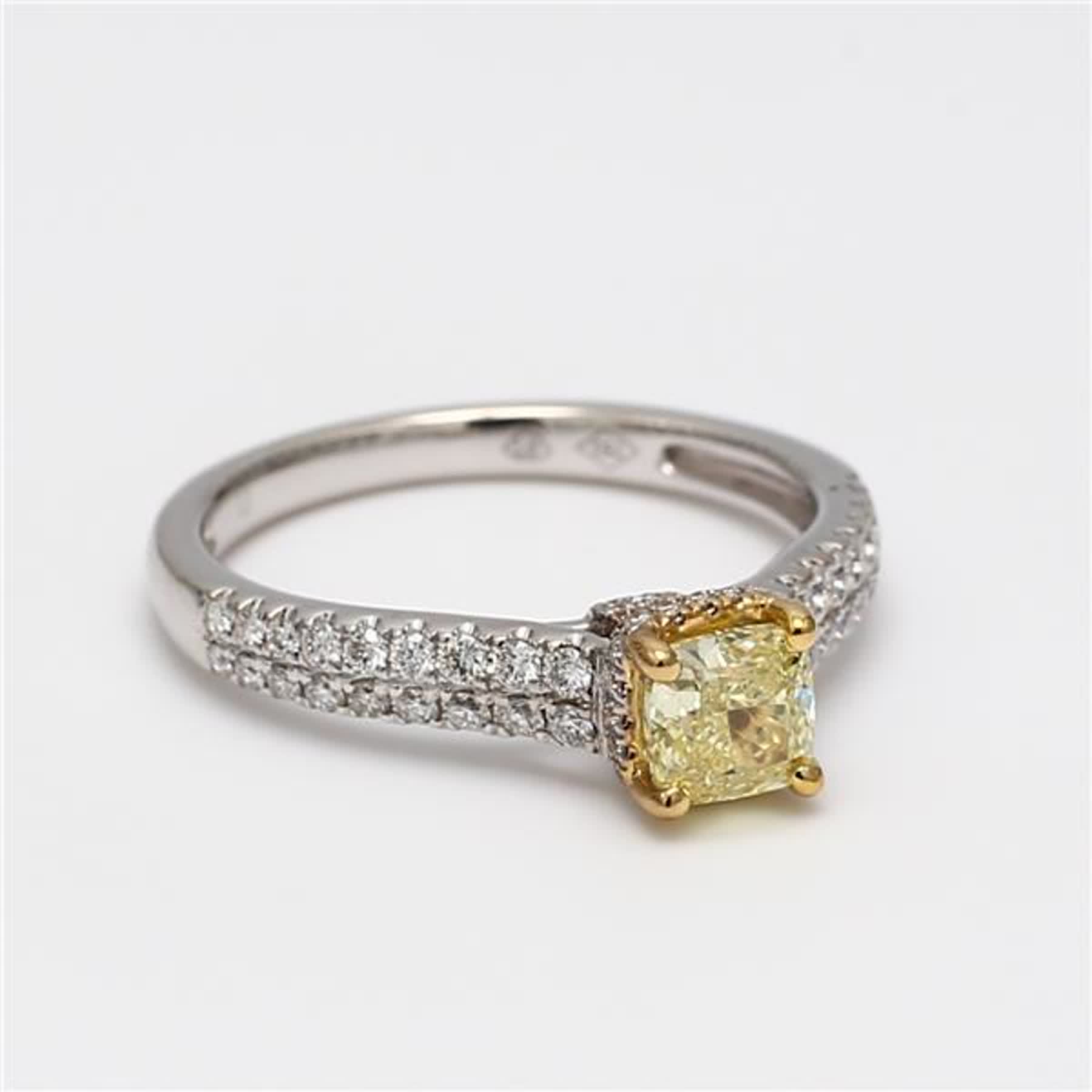 GIA Certified Natural Yellow Cushion and White Diamond .98 Carat TW Gold Ring