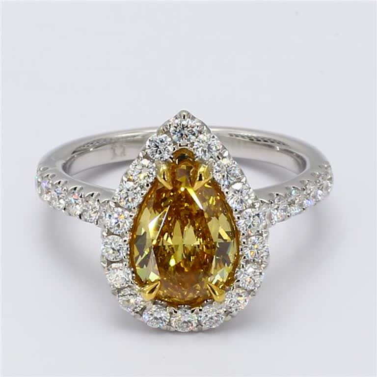 GIA Certified Natural Orange Pear and White Diamond 2.28 Carat TW Gold Ring