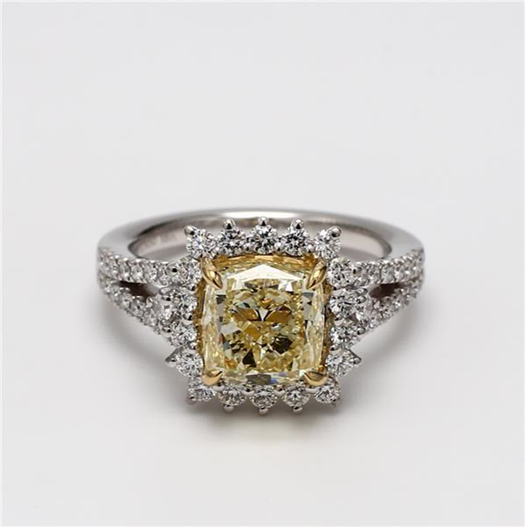 GIA Certified Natural Yellow Cushion and White Diamond 1.90 Carat TW Gold Ring