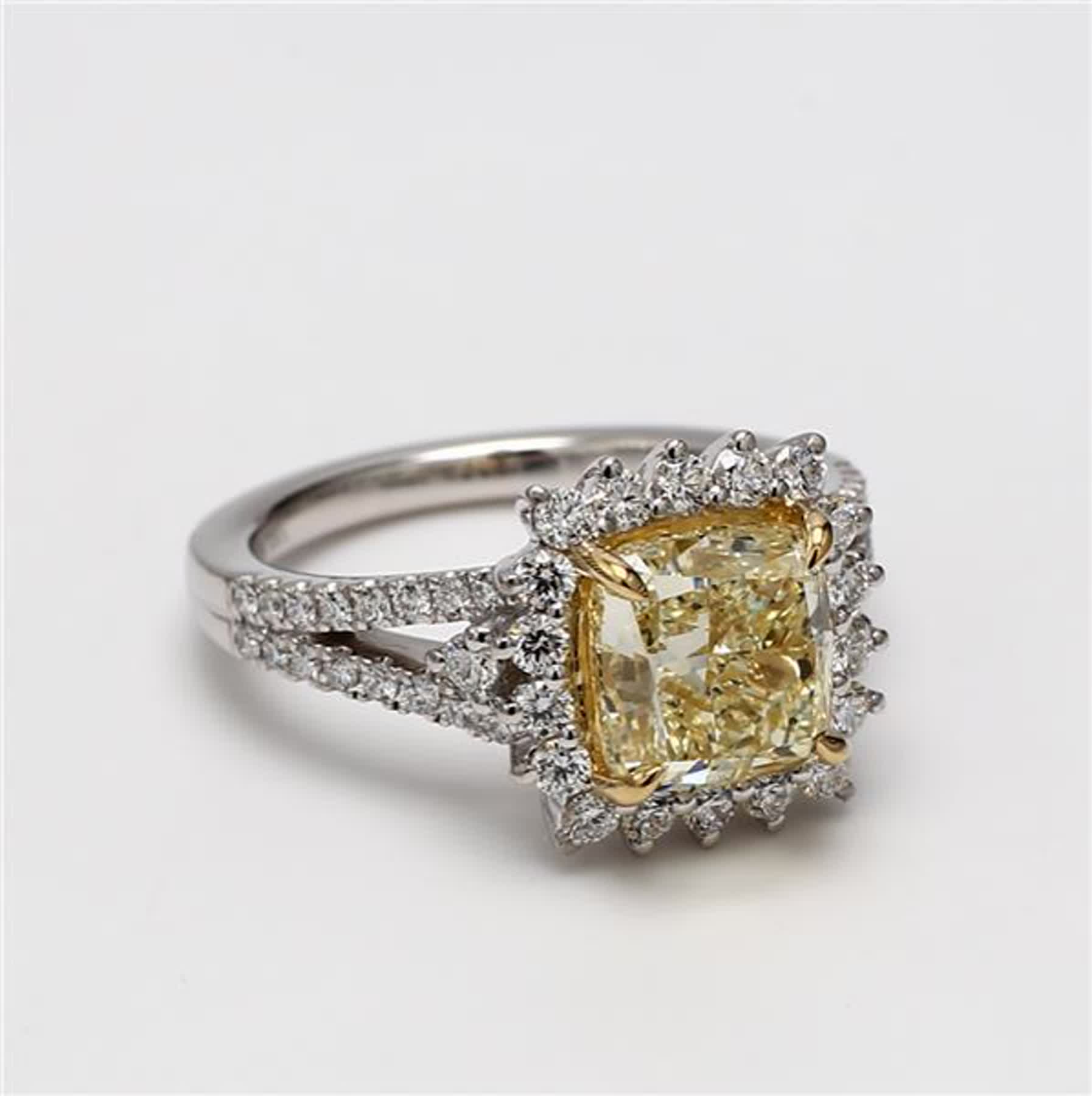 GIA Certified Natural Yellow Cushion and White Diamond 1.90 Carat TW Gold Ring