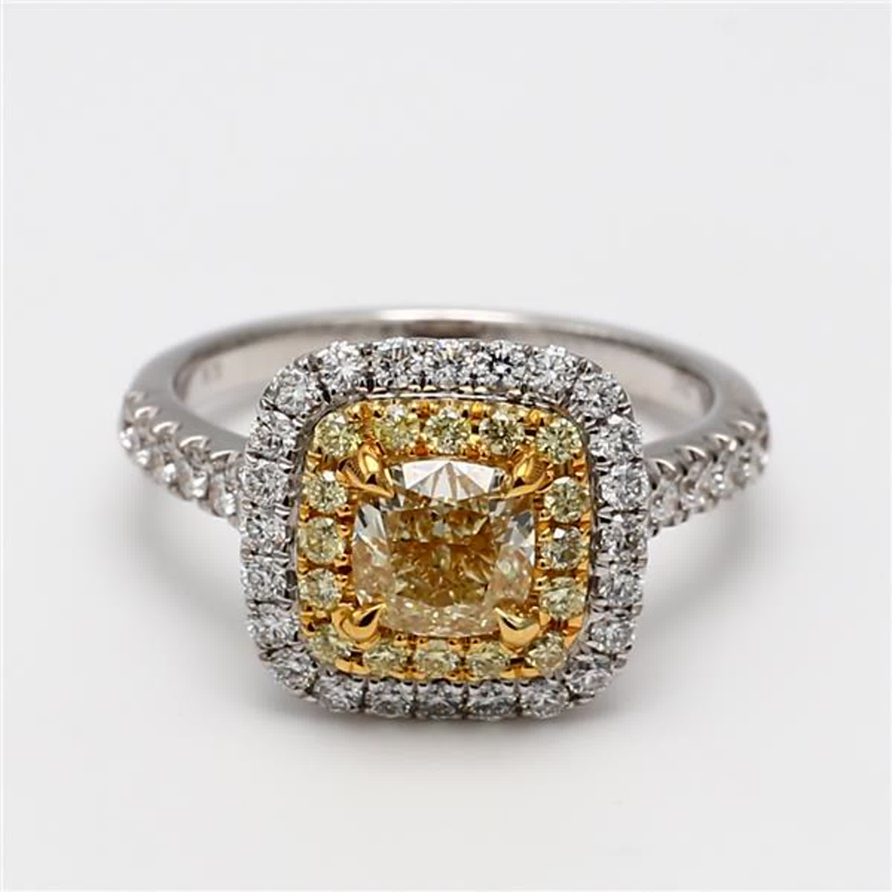 GIA Certified Natural Yellow Cushion and White Diamond 1.78 Carat TW Gold Ring