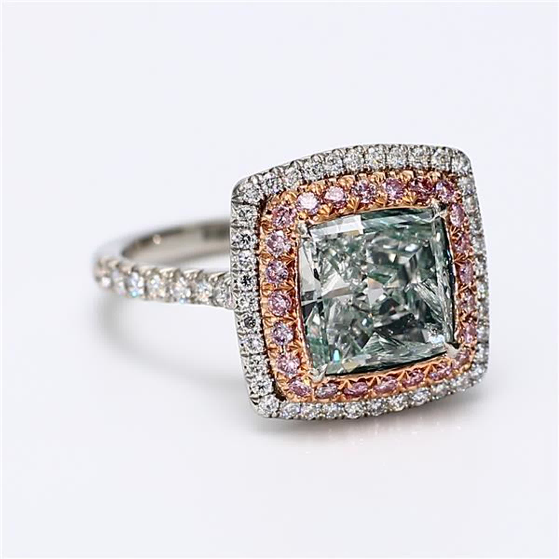 GIA Certified Natural Green Cushion and White Diamond 2.87 Carat TW Gold Ring
