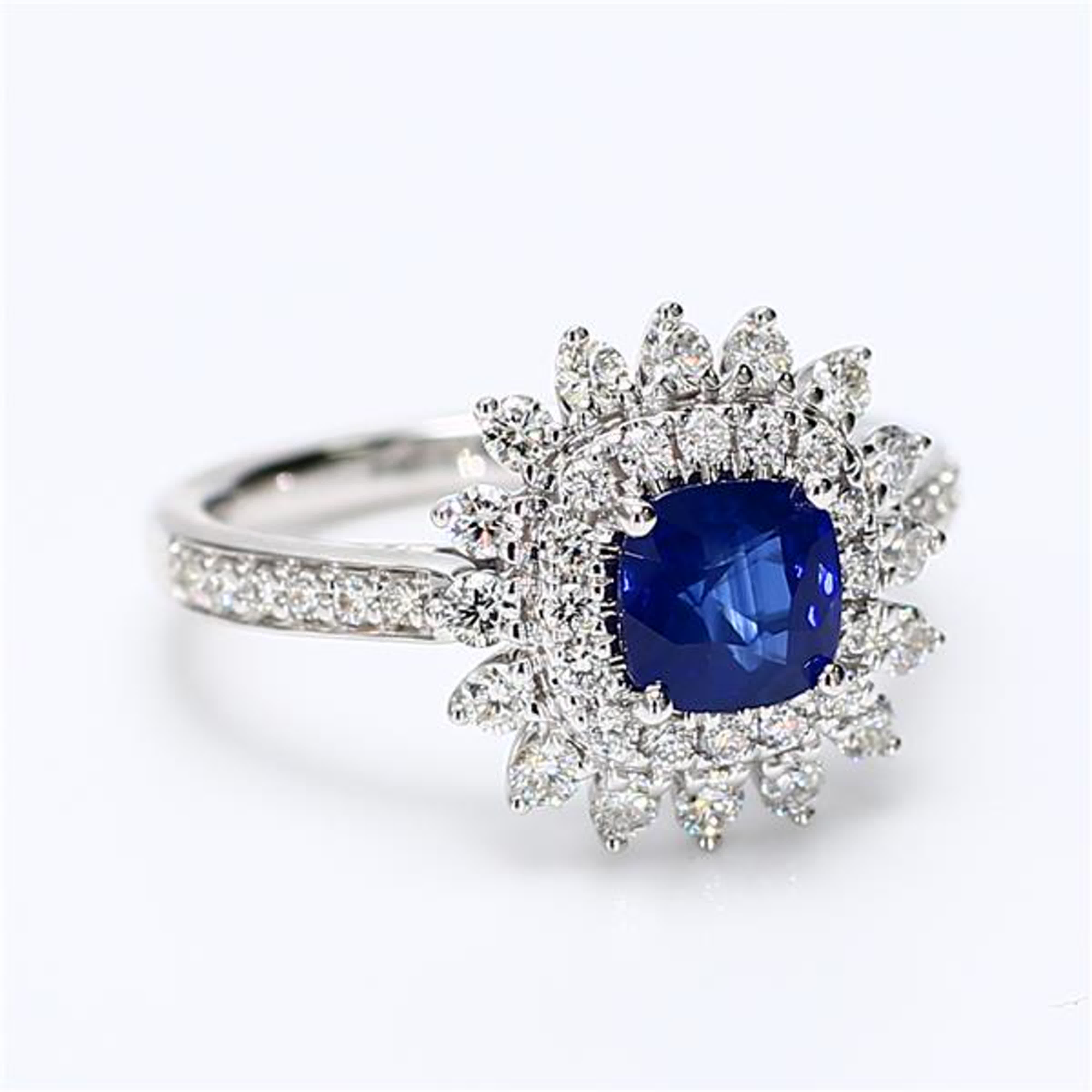 Natural Blue Cushion Sapphire and White Diamond 1.75 Carat TW White Gold Ring