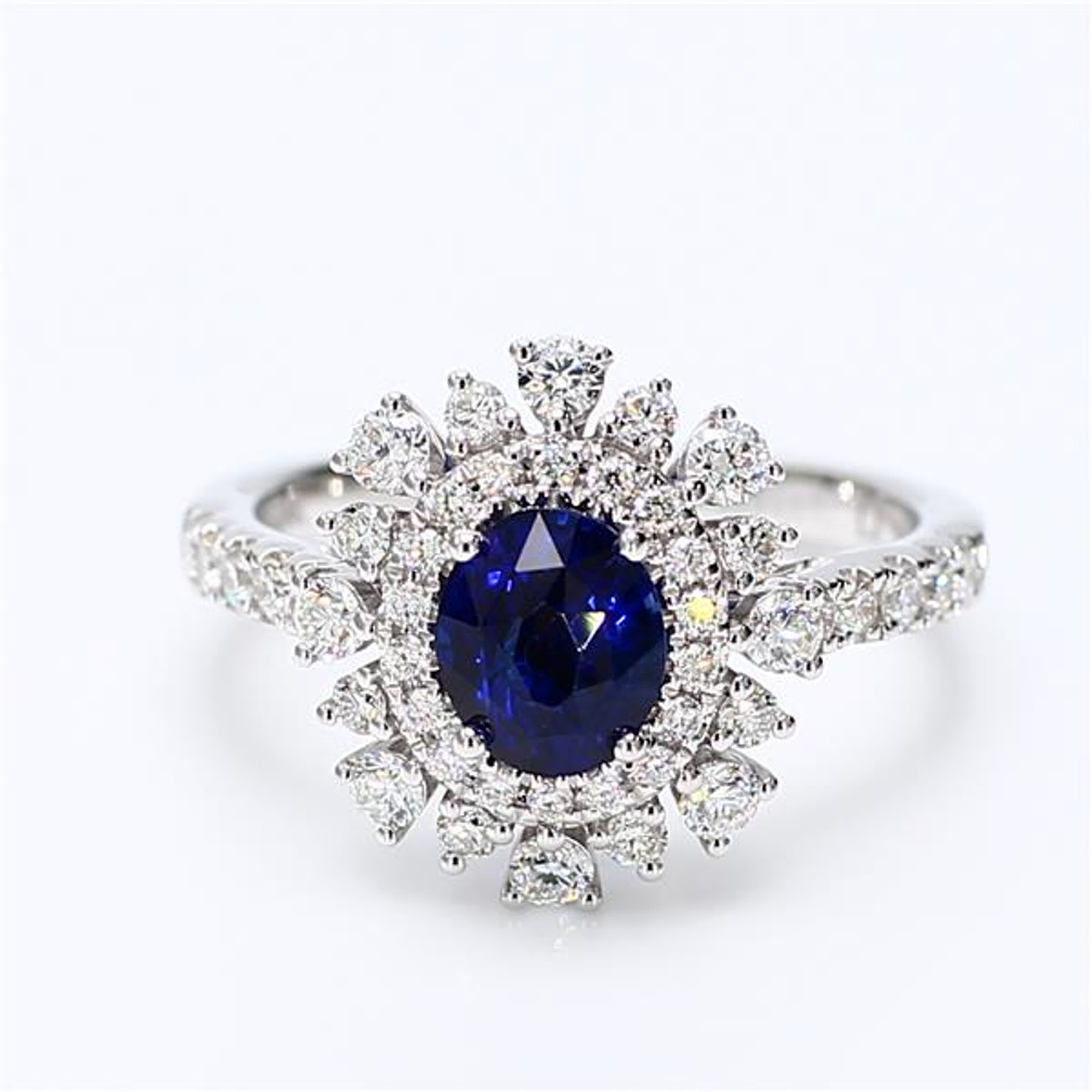 Natural Blue Oval Sapphire and White Diamond 2.11 Carat TW White Gold Ring