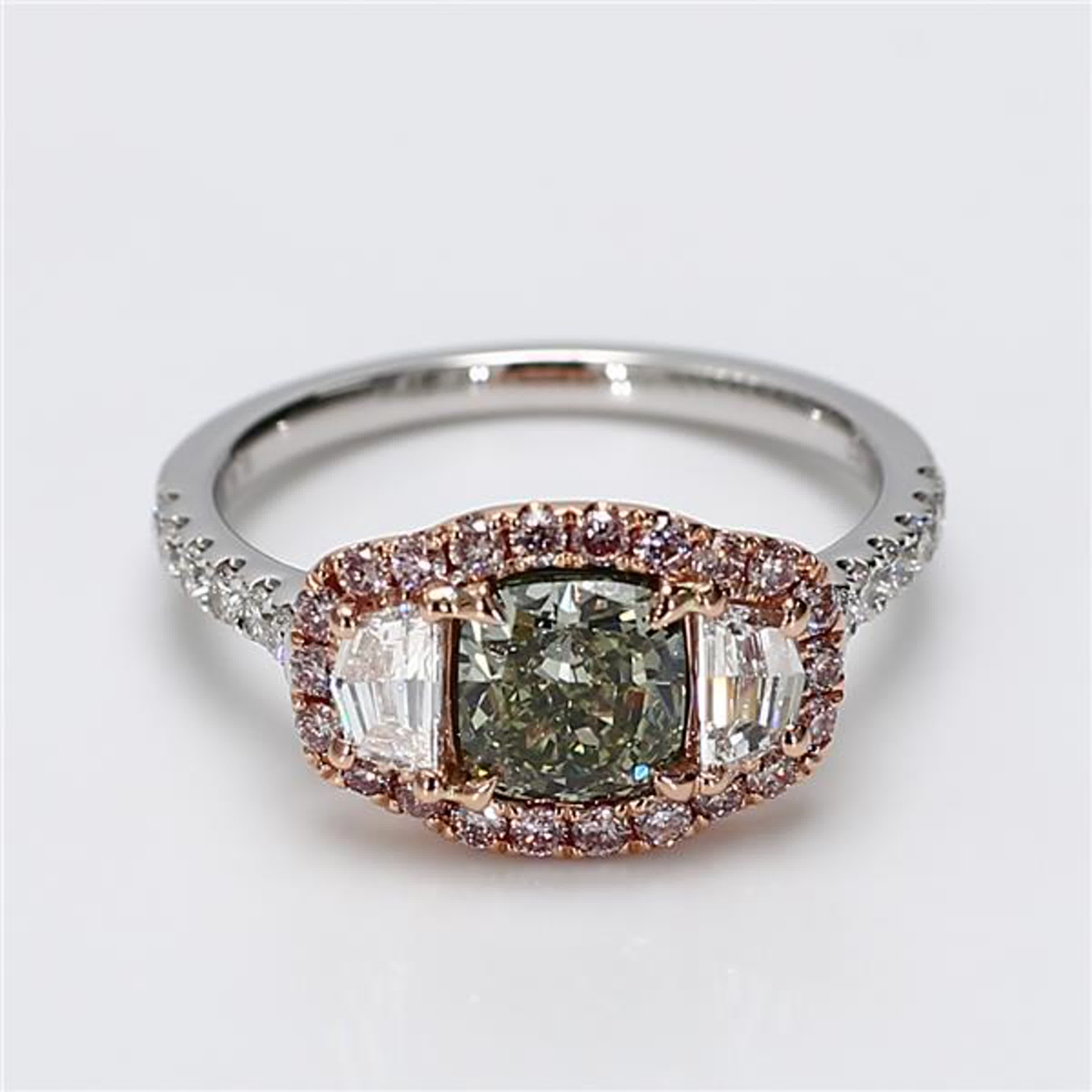 GIA Certified Natural Green Cushion and Pink Diamond 2.06 Carat TW Gold Ring