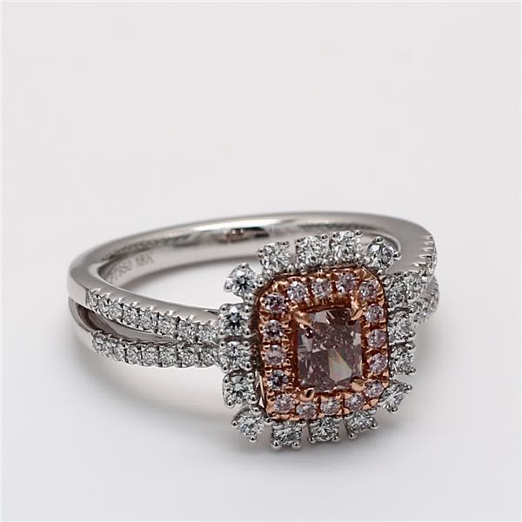GIA Certified Natural Pink Radiant and White Diamond .92 Carat TW Plat Ring