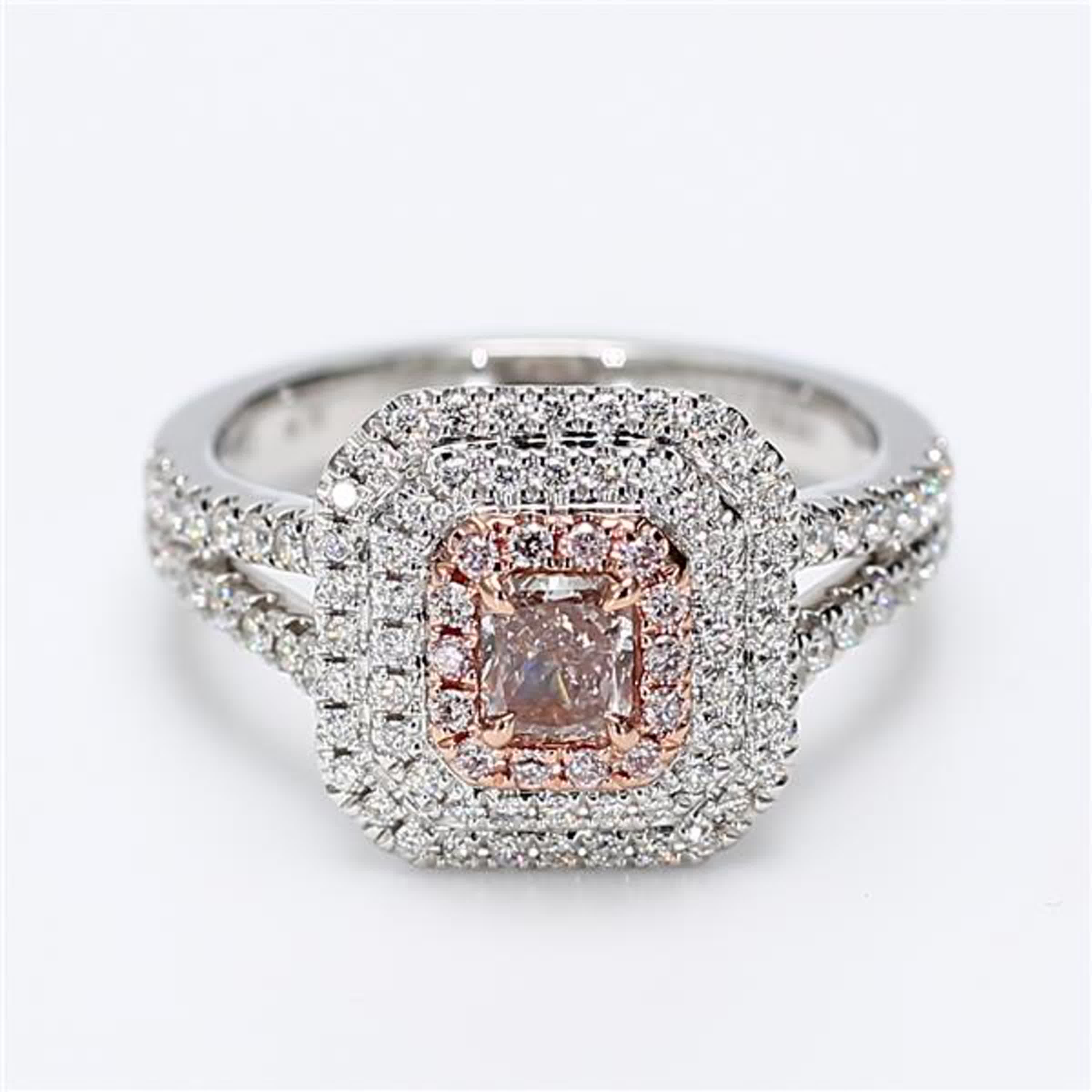 GIA Certified Natural Pink Radiant and White Diamond .92 Carat TW Gold Ring