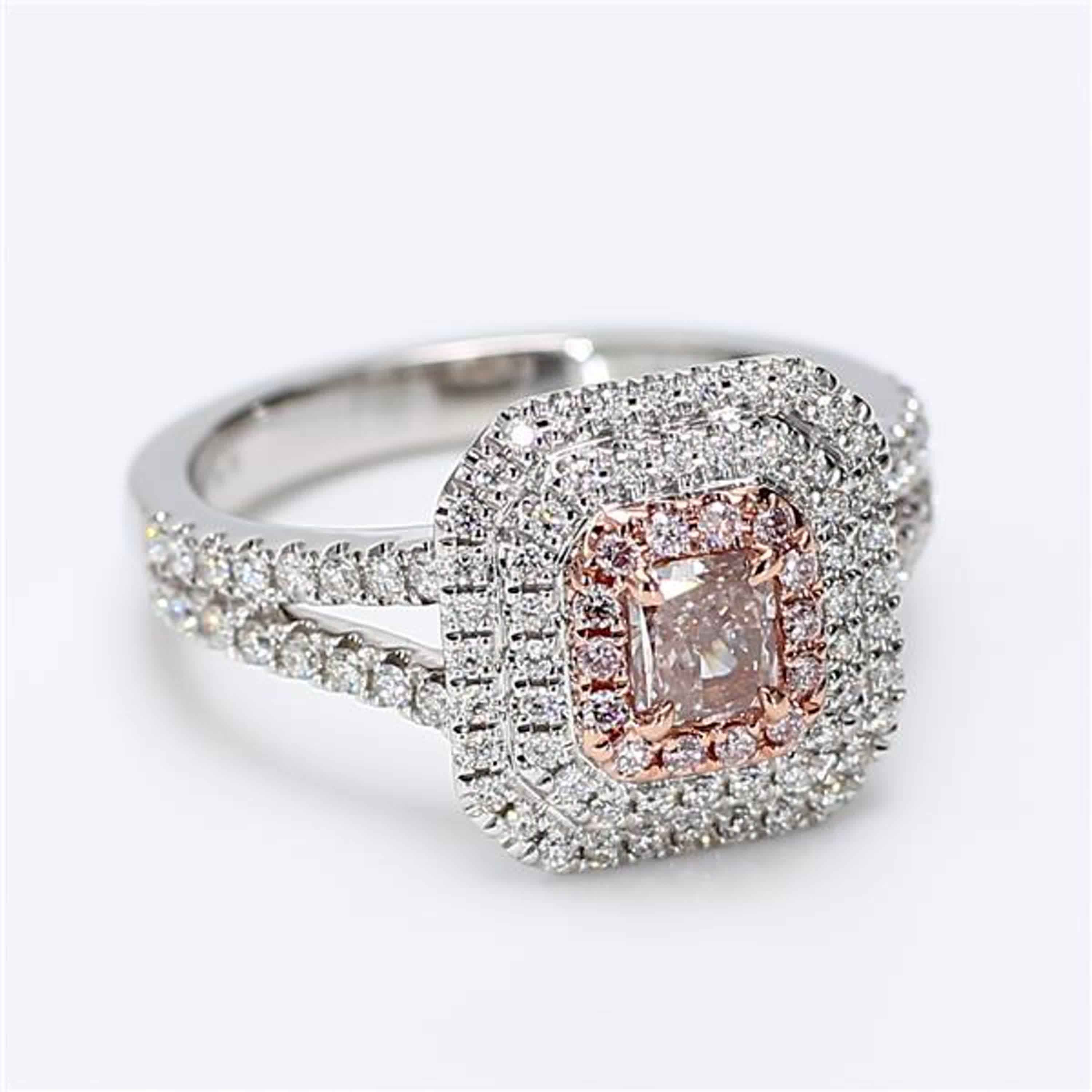 GIA Certified Natural Pink Radiant and White Diamond .92 Carat TW Gold Ring
