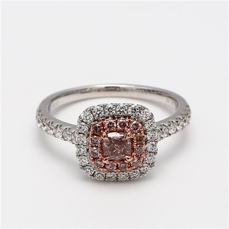 GIA Certified Natural Pink Cushion and White Diamond .96 Carat TW Gold Ring