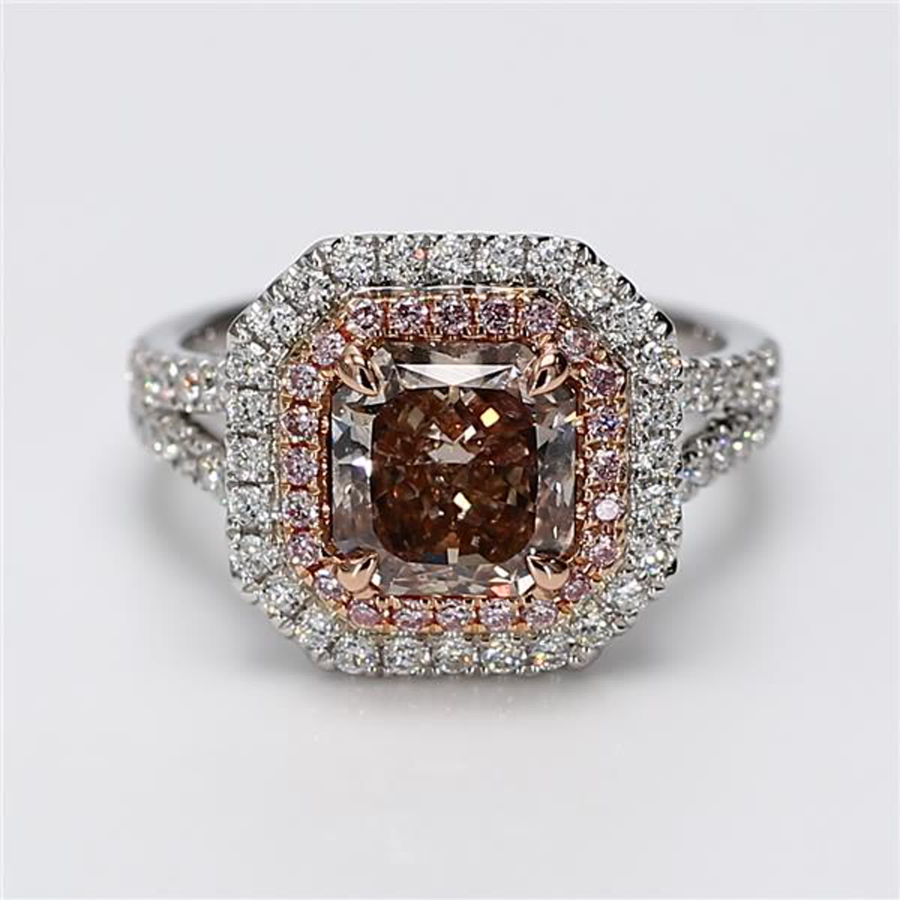 GIA Certified Natural Pink Radiant and White Diamond 2.71 Carat TW Gold Ring