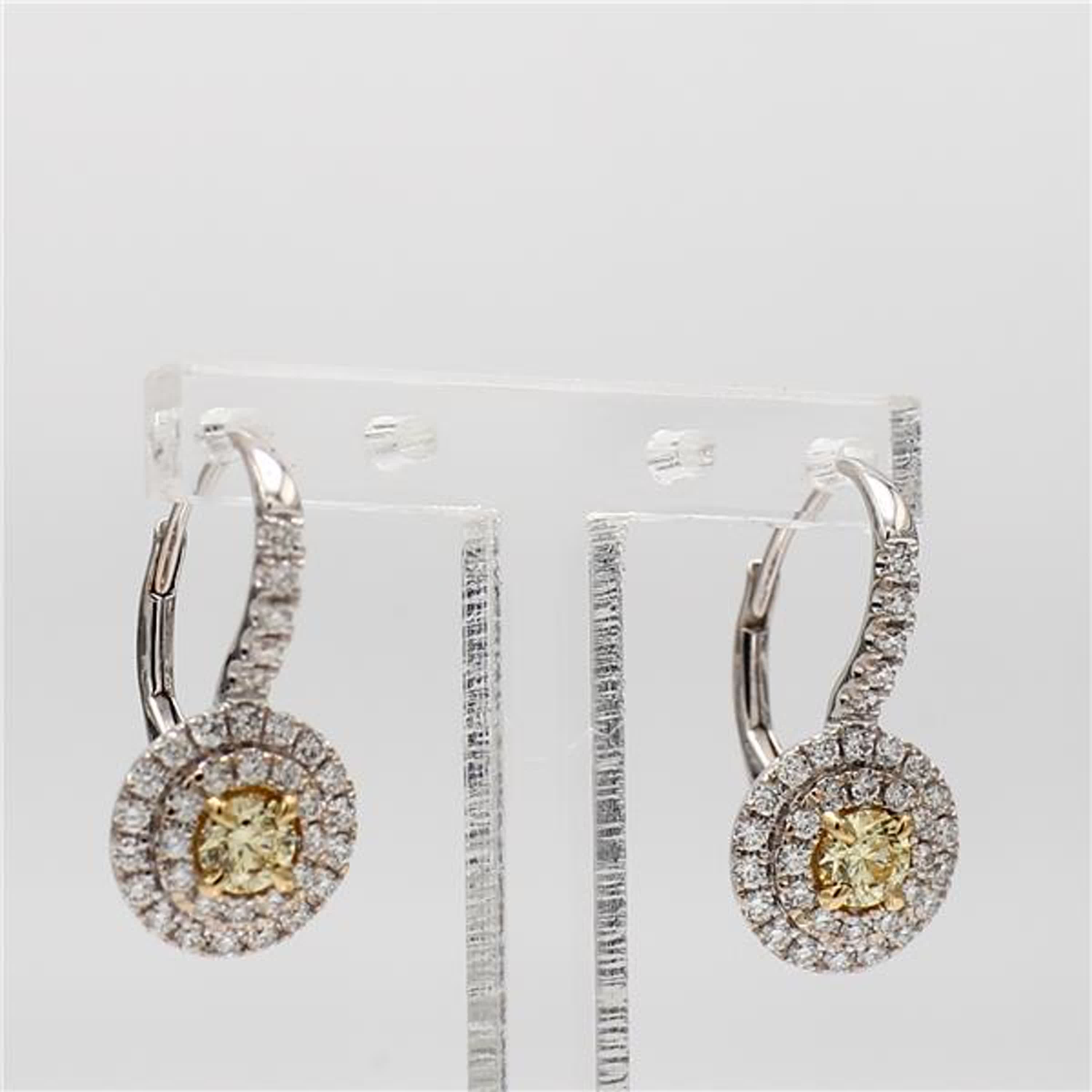 Natural Yellow Round and White Diamond .85 Carat TW Gold Drop Earrings