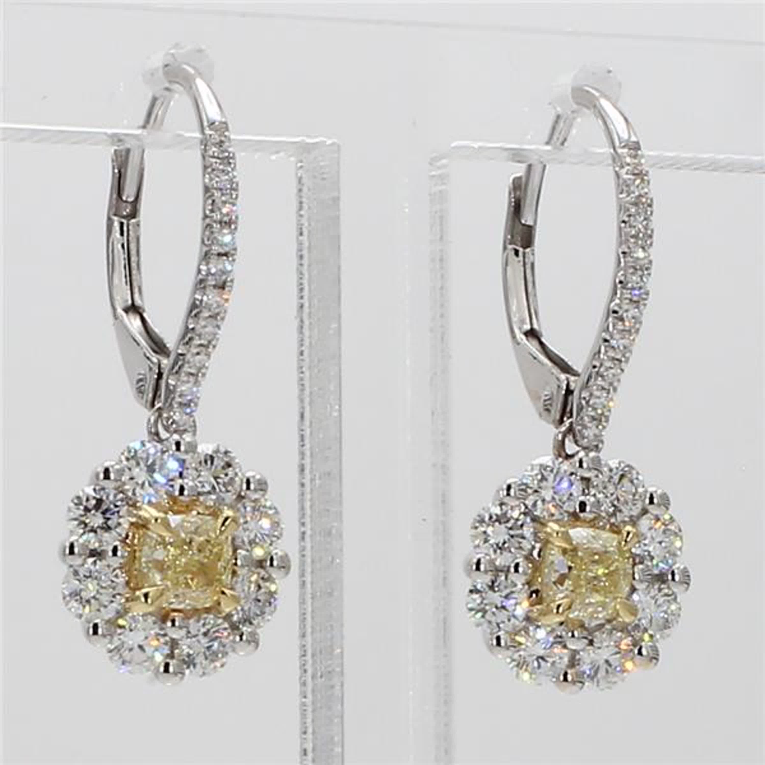 Natural Yellow Cushion and White Diamond 1.48 Carat TW Gold Drop Earrings