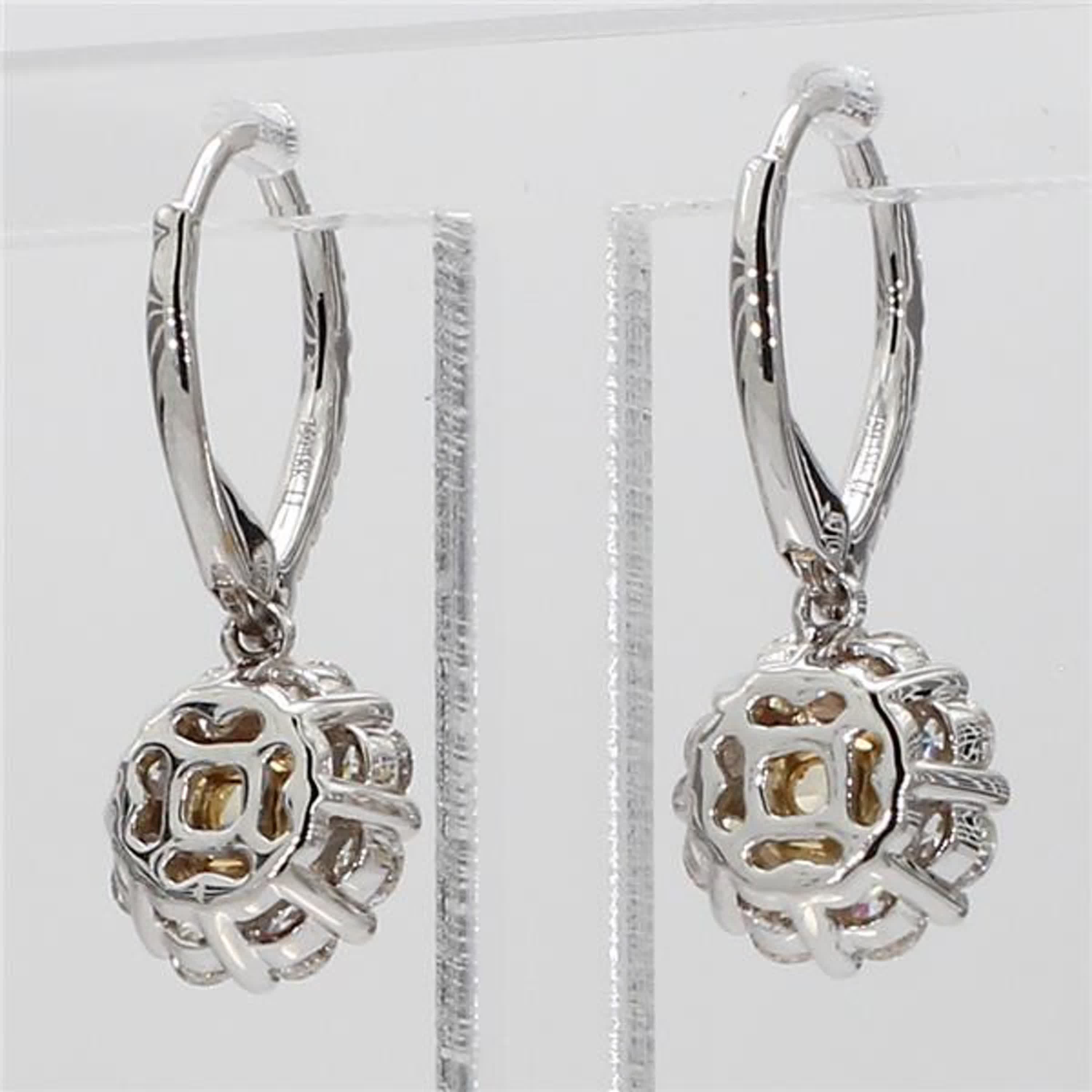 Natural Yellow Cushion and White Diamond 1.48 Carat TW Gold Drop Earrings