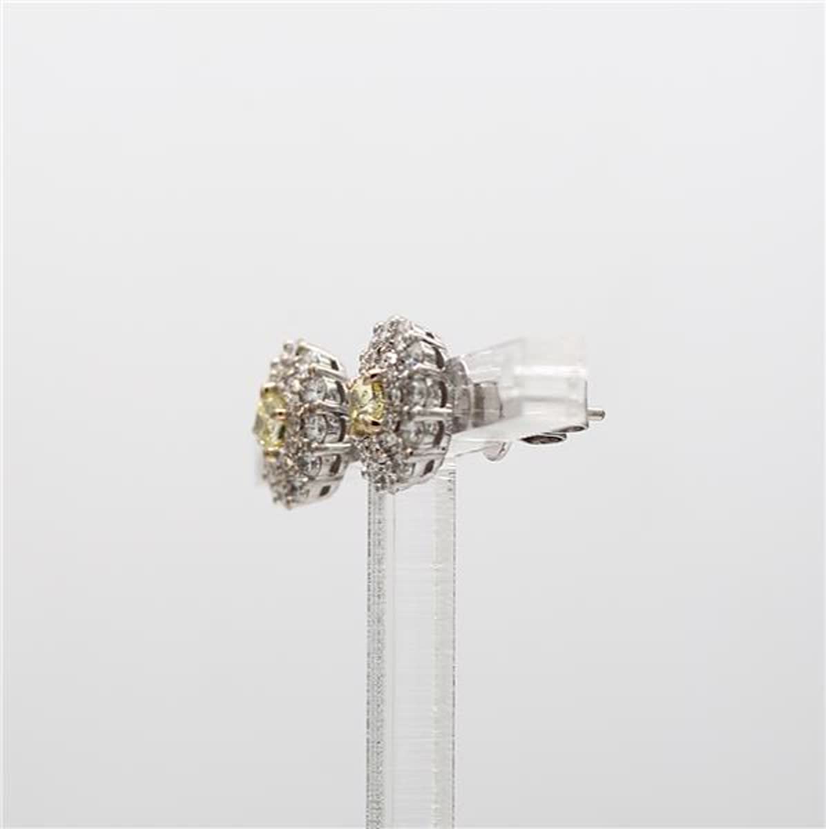 Natural Yellow Cushion and White Diamond 1.06 Carat TW White Gold Stud Earrings