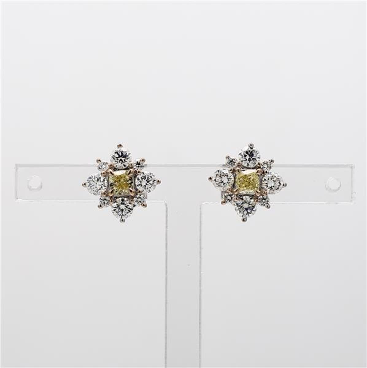 Natural Yellow Cushion and White Diamond 1.24 Carat TW White Gold Stud Earrings