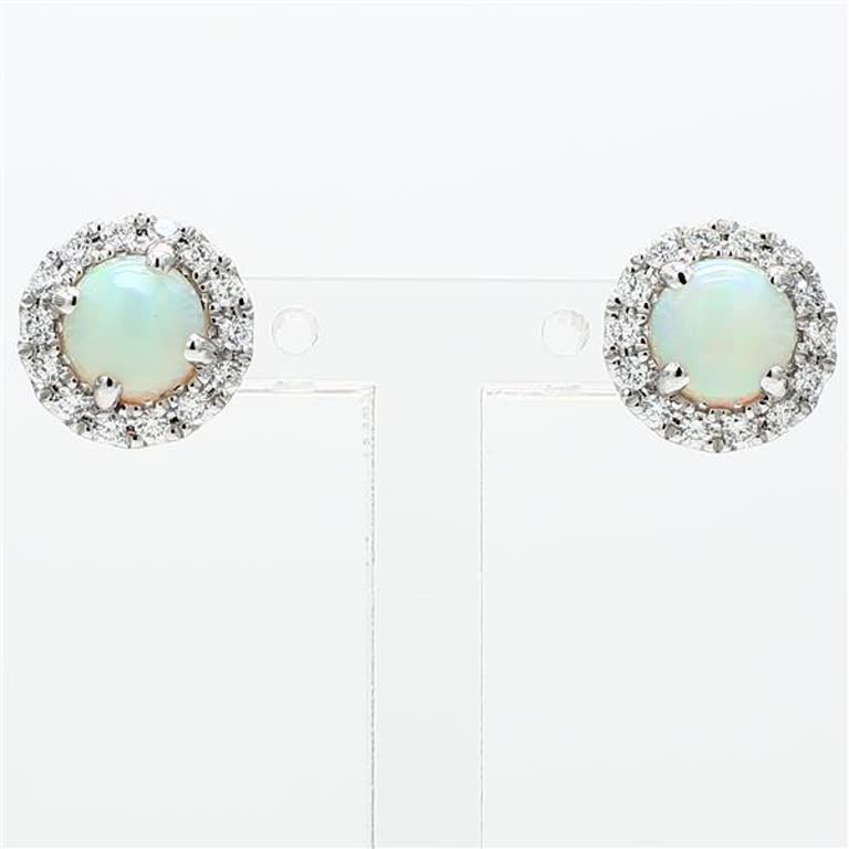 Natural Round Opal and White Diamond 1.86 Carat TW White Gold Stud Earrings