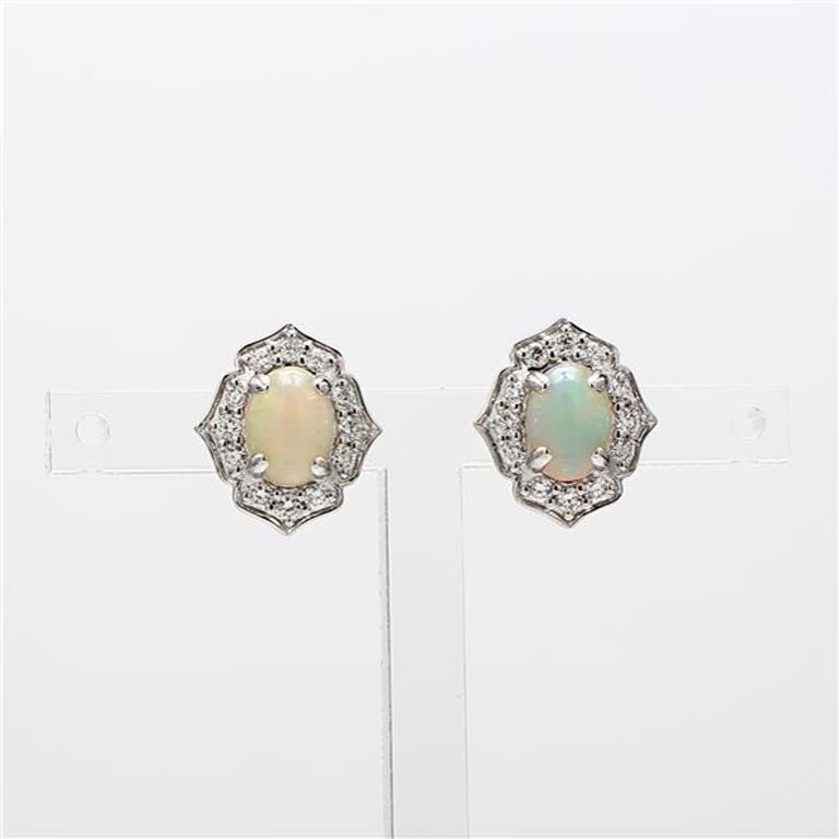 Natural Oval Opal and White Diamond 1.31 Carat TW White Gold Stud Earrings