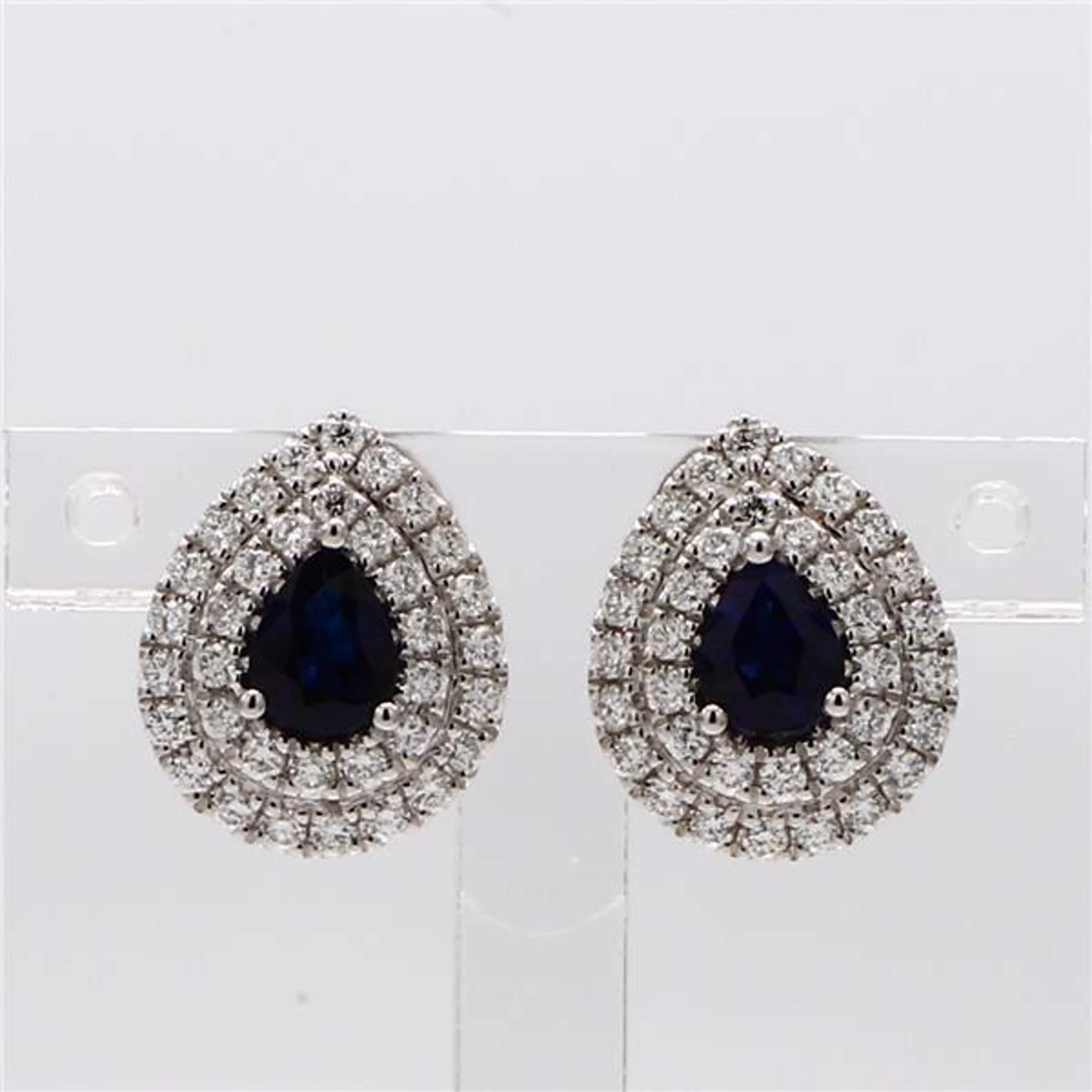 Natural Blue Pear Sapphire and White Diamond 1.32 Carat TW Gold Drop Earrings