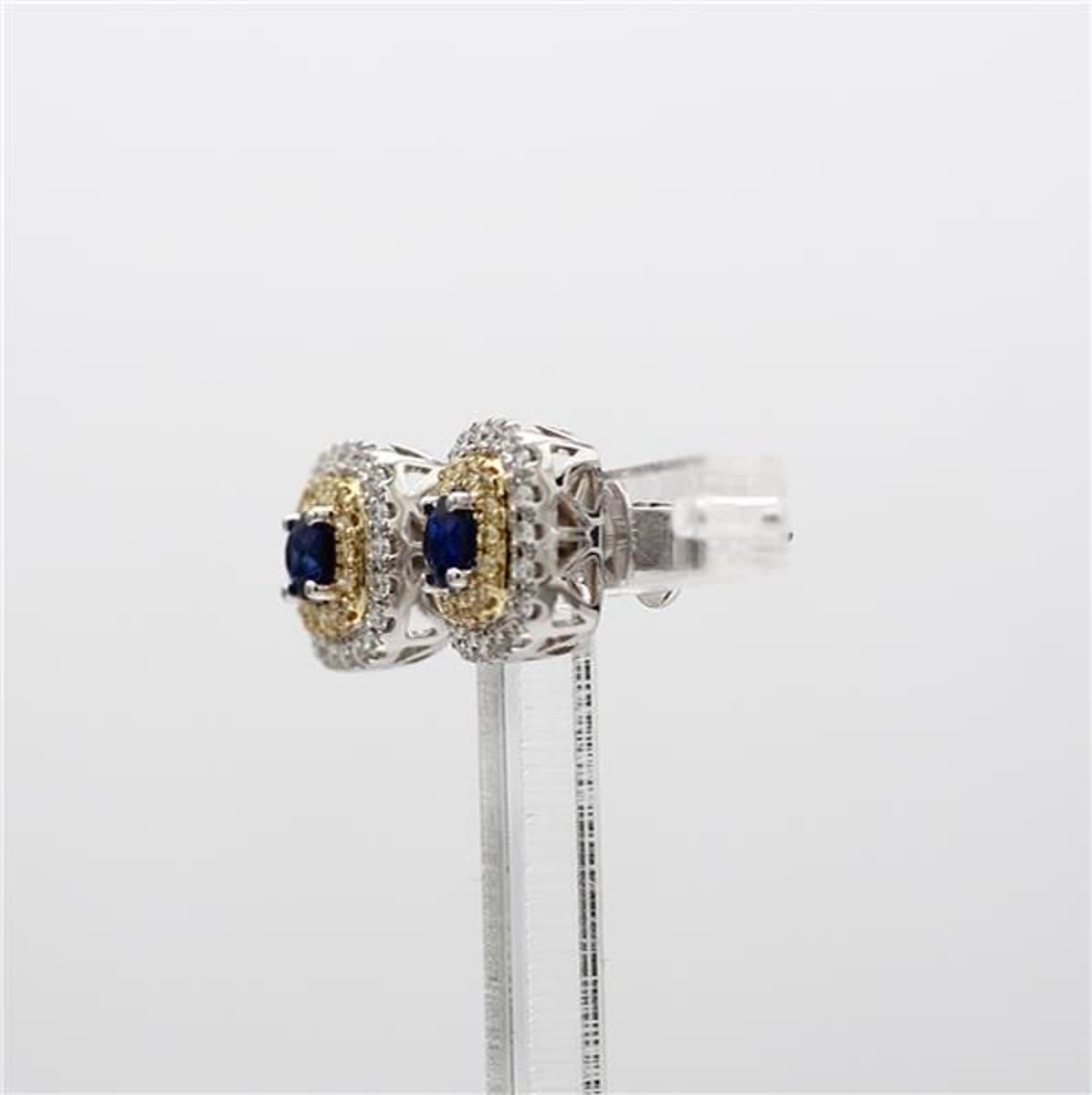 Natural Blue Round Sapphire and Diamond 1.19 Carat TW Gold Stud Earrings